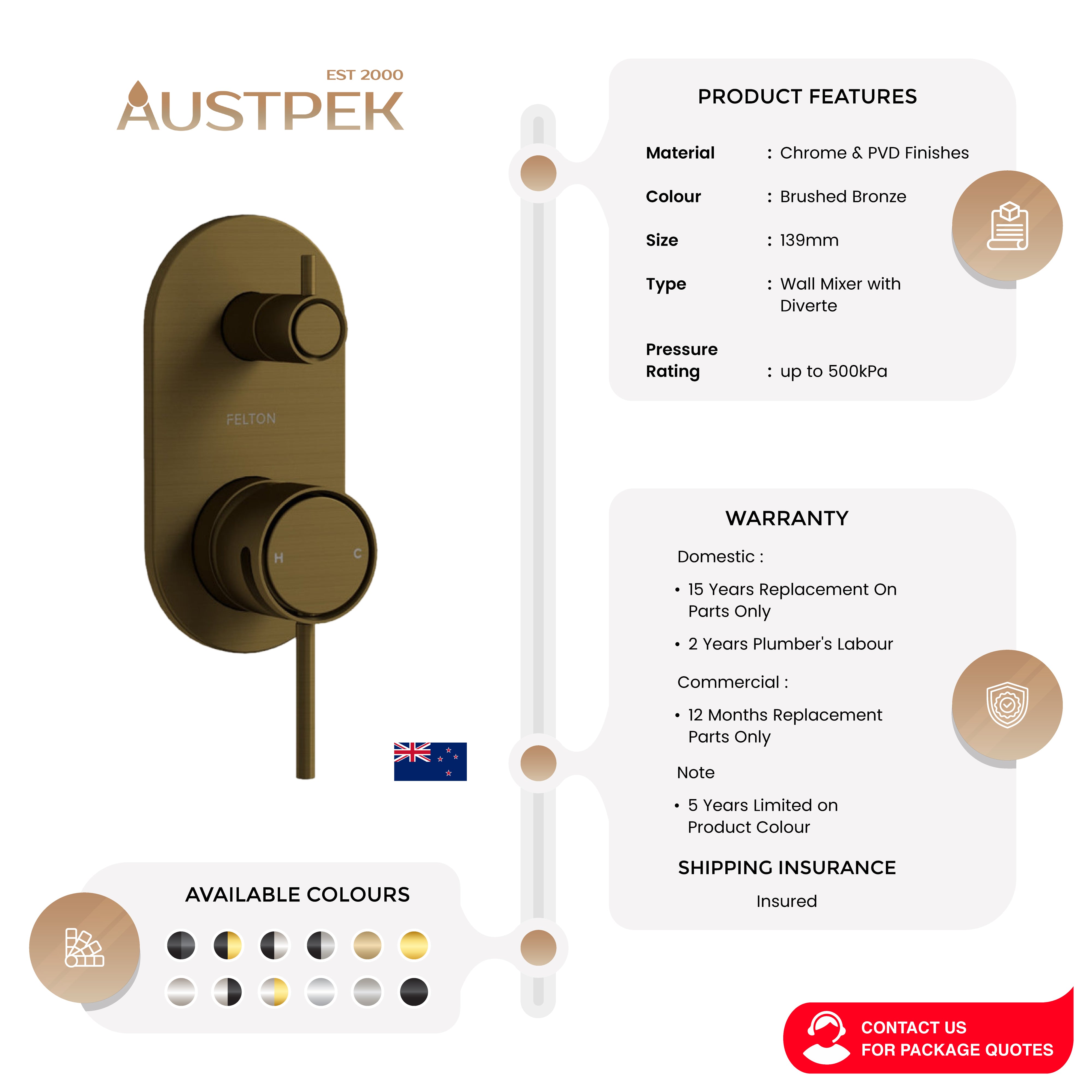 FELTON TATE DIVERTER MIXER 139MM BRUSHED BRONZE