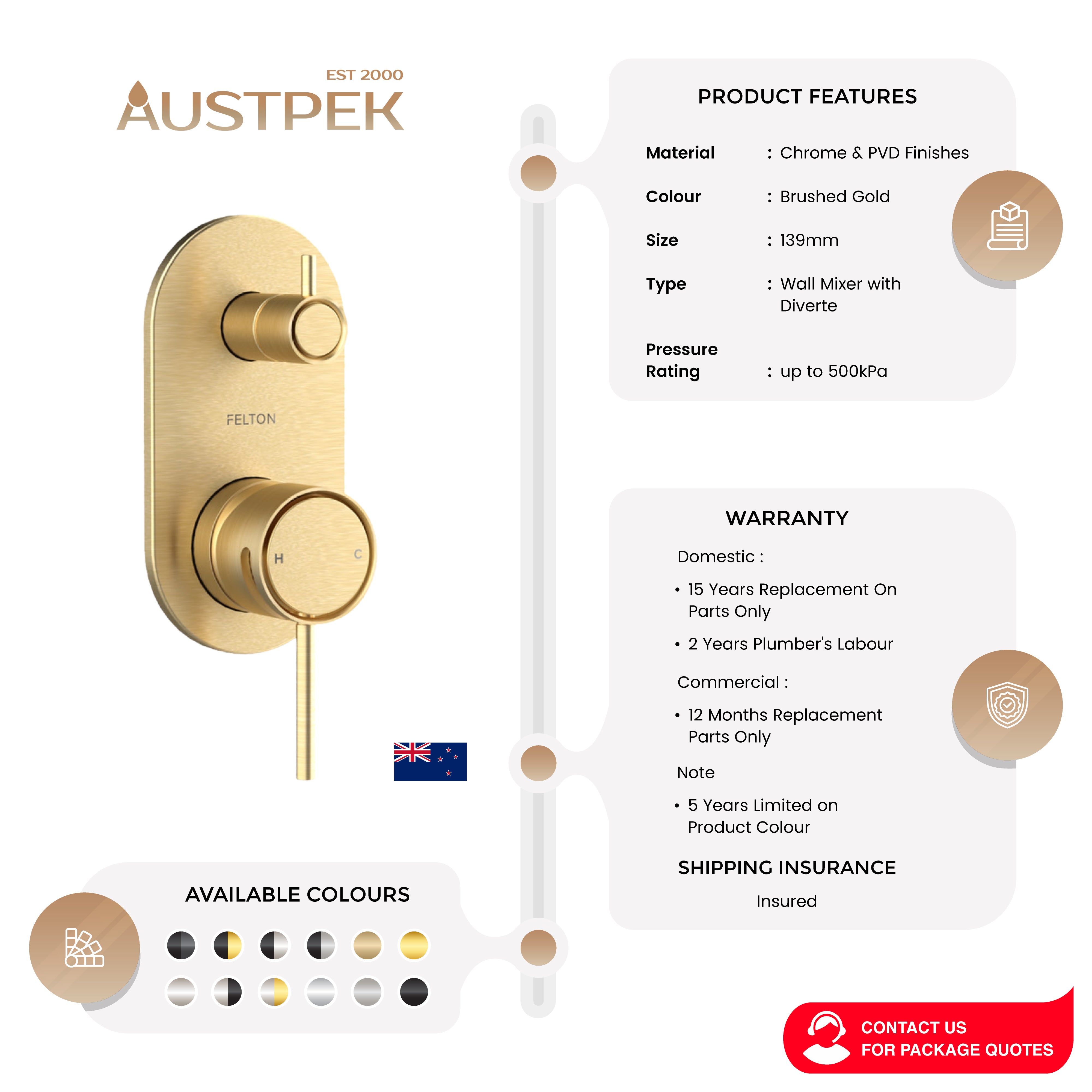 FELTON TATE DIVERTER MIXER 139MM BRUSHED GOLD