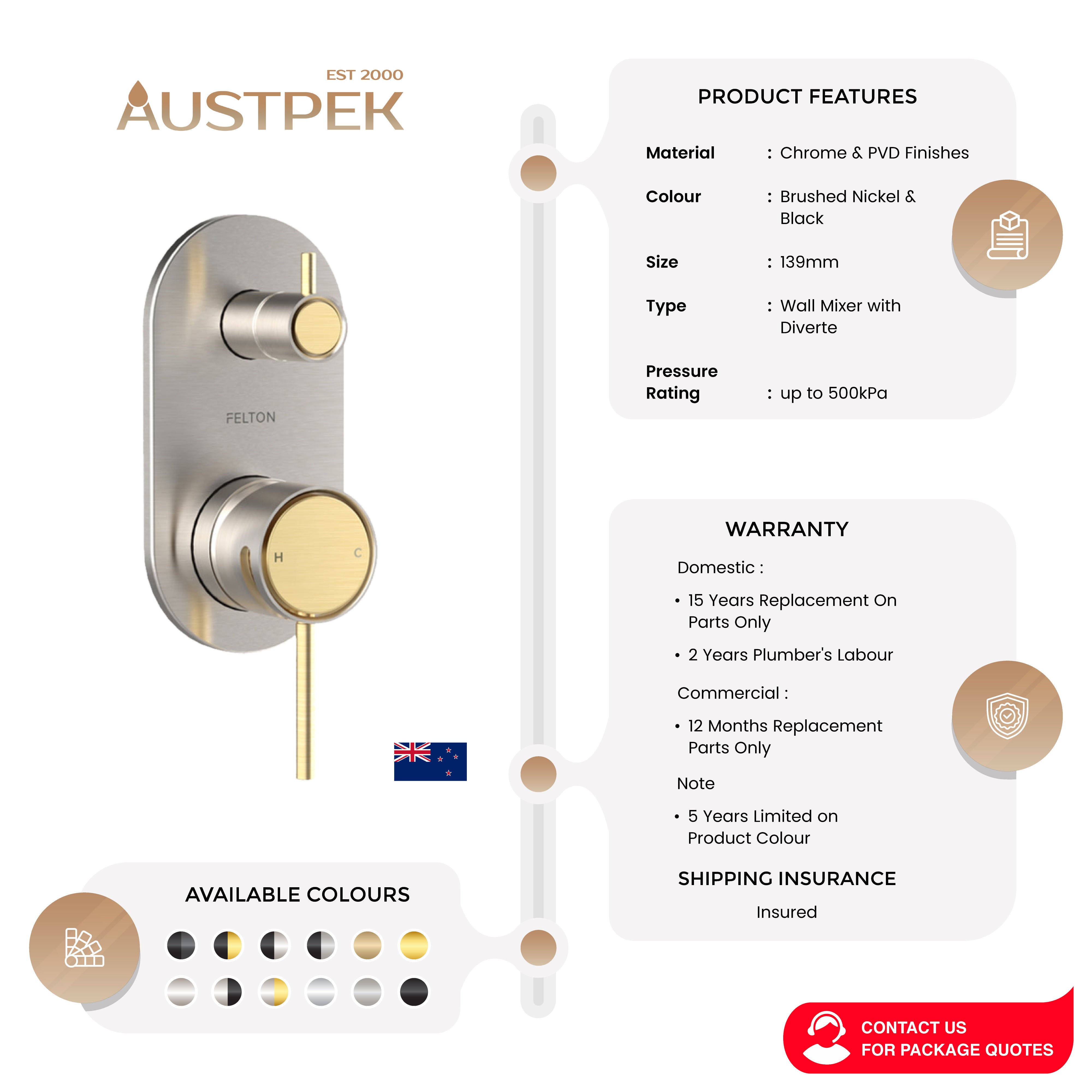 FELTON TATE DIVERTER MIXER 139MM BRUSHED NICKEL AND BRUSHED GOLD