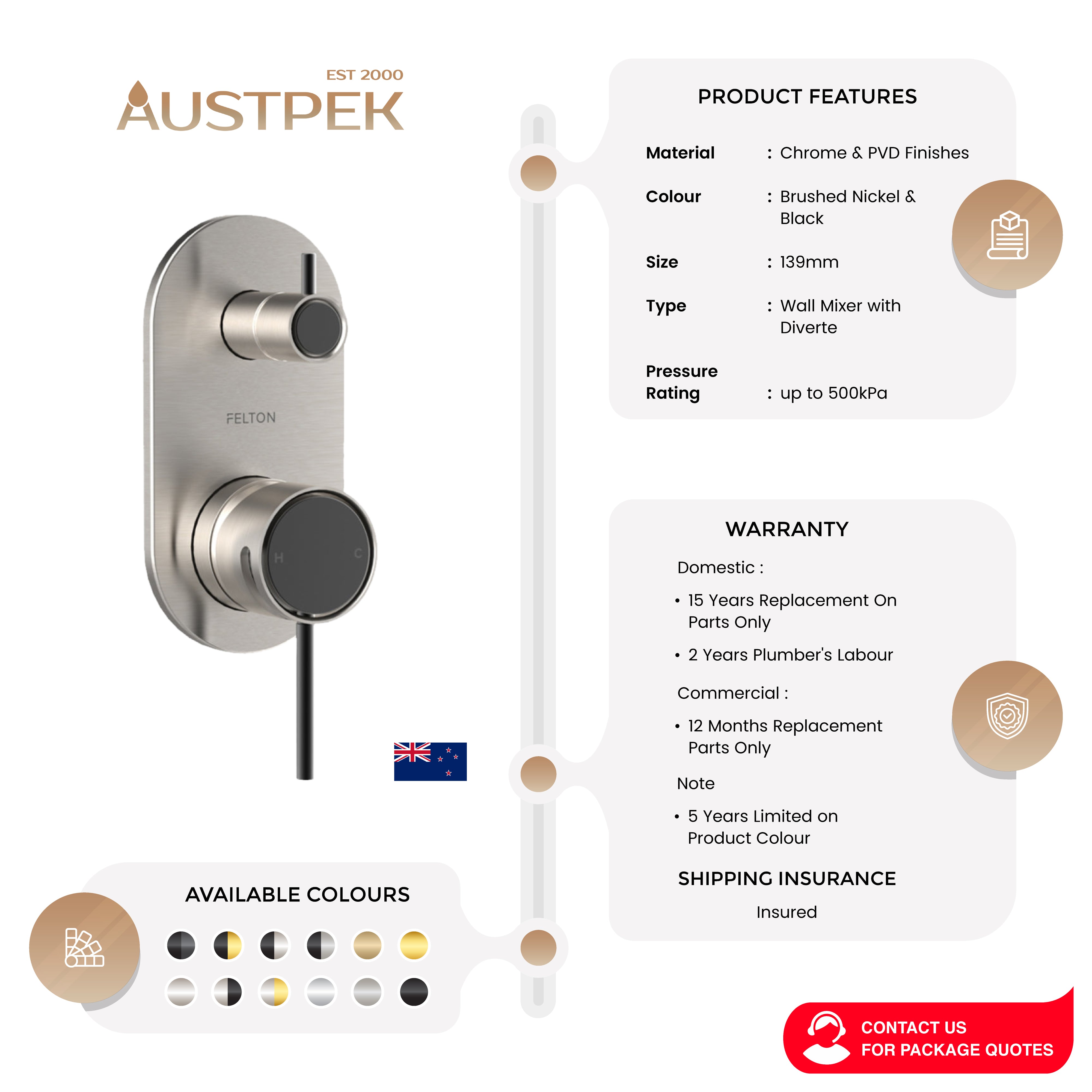 FELTON TATE DIVERTER MIXER 139MM BRUSHED NICKEL AND BLACK