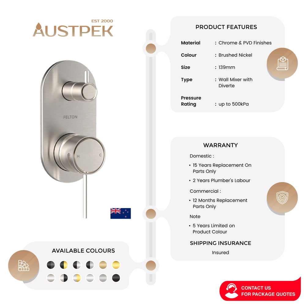 FELTON TATE DIVERTER MIXER 139MM BRUSHED NICKEL