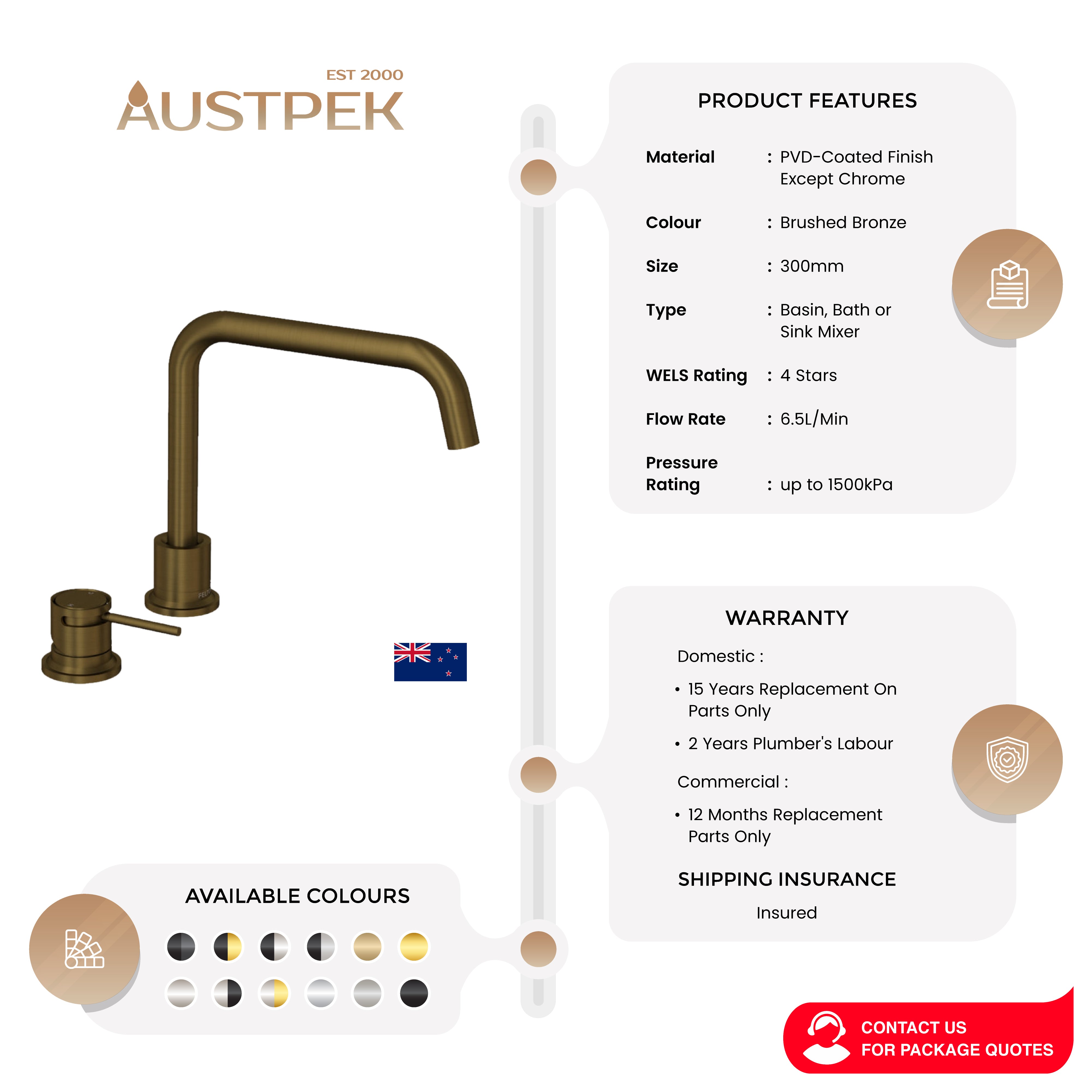 FELTON TATE DECK MOUNTED MIXER 300MM BRUSHED BRONZE