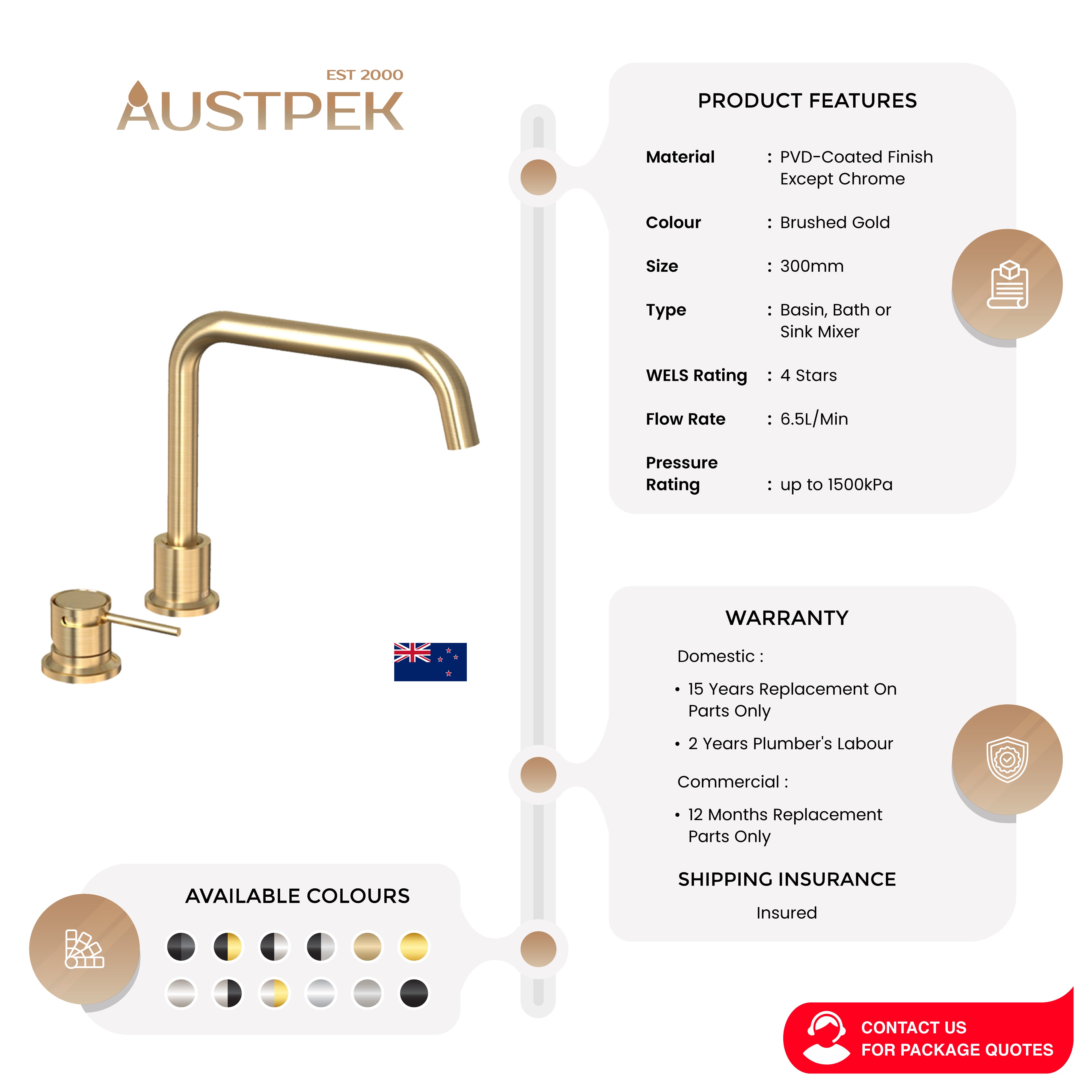 FELTON TATE DECK MOUNTED MIXER 300MM BRUSHED GOLD