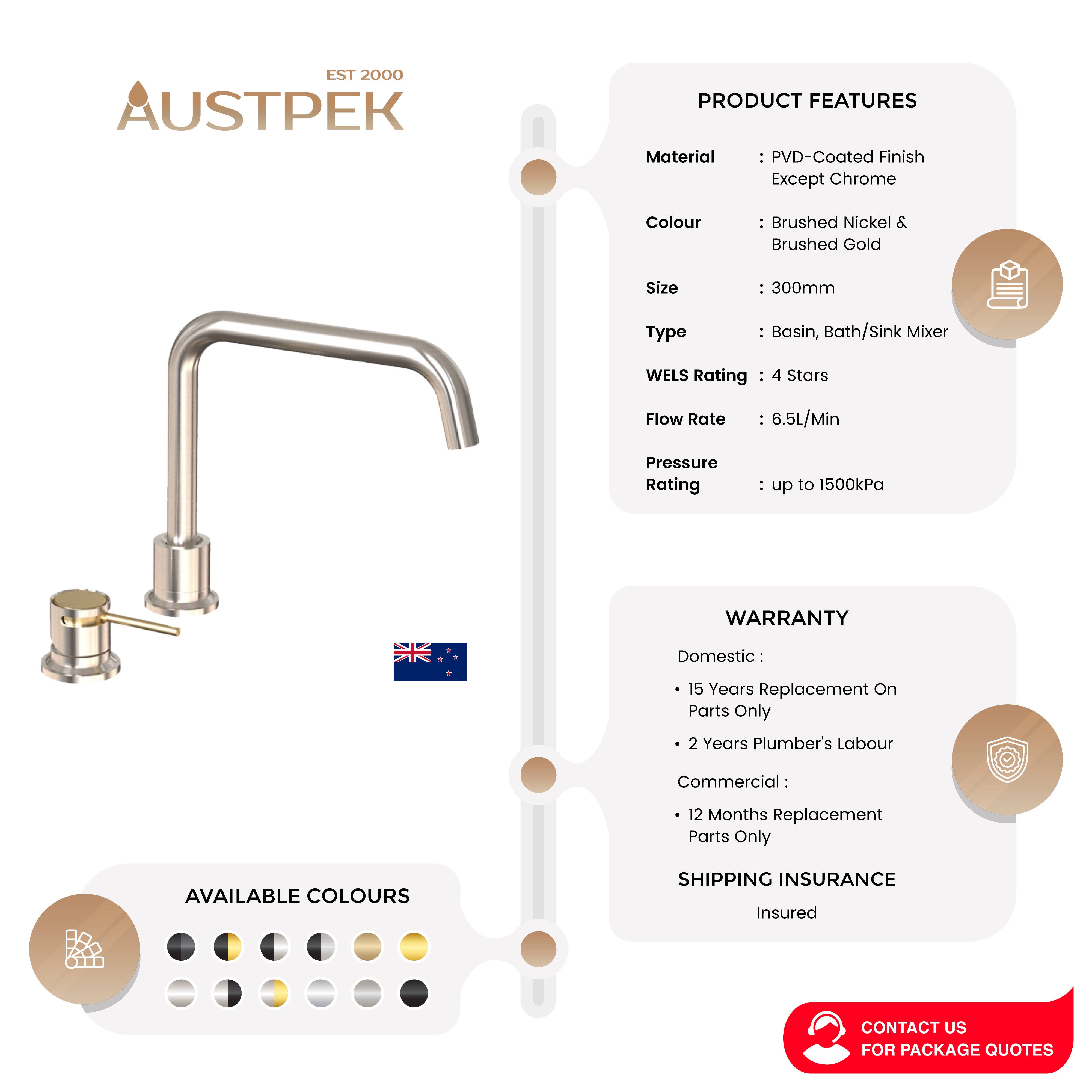 FELTON TATE DECK MOUNTED MIXER 300MM BRUSHED NICKEL AND BRUSHED GOLD