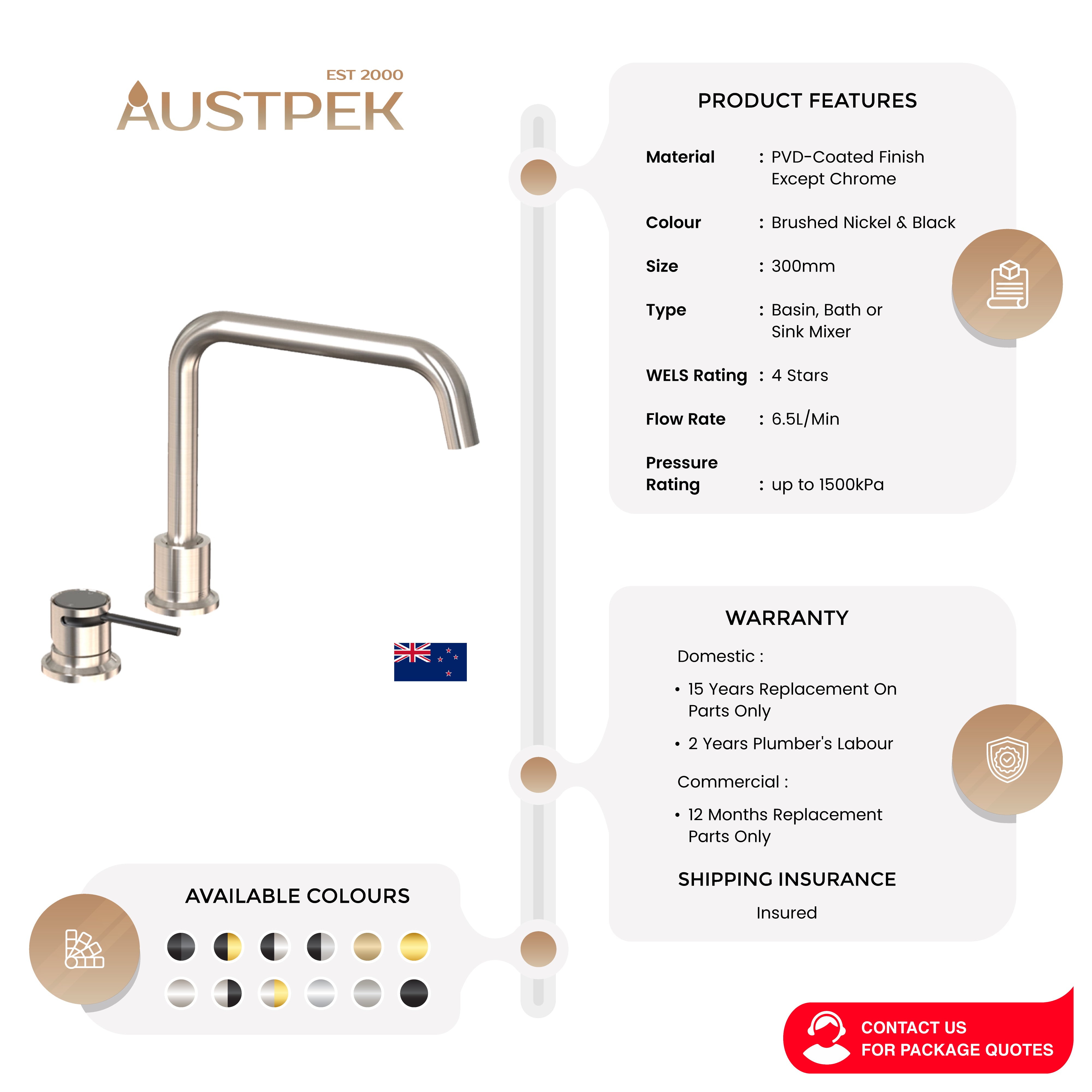 FELTON TATE DECK MOUNTED MIXER 300MM BRUSHED NICKEL AND BLACK
