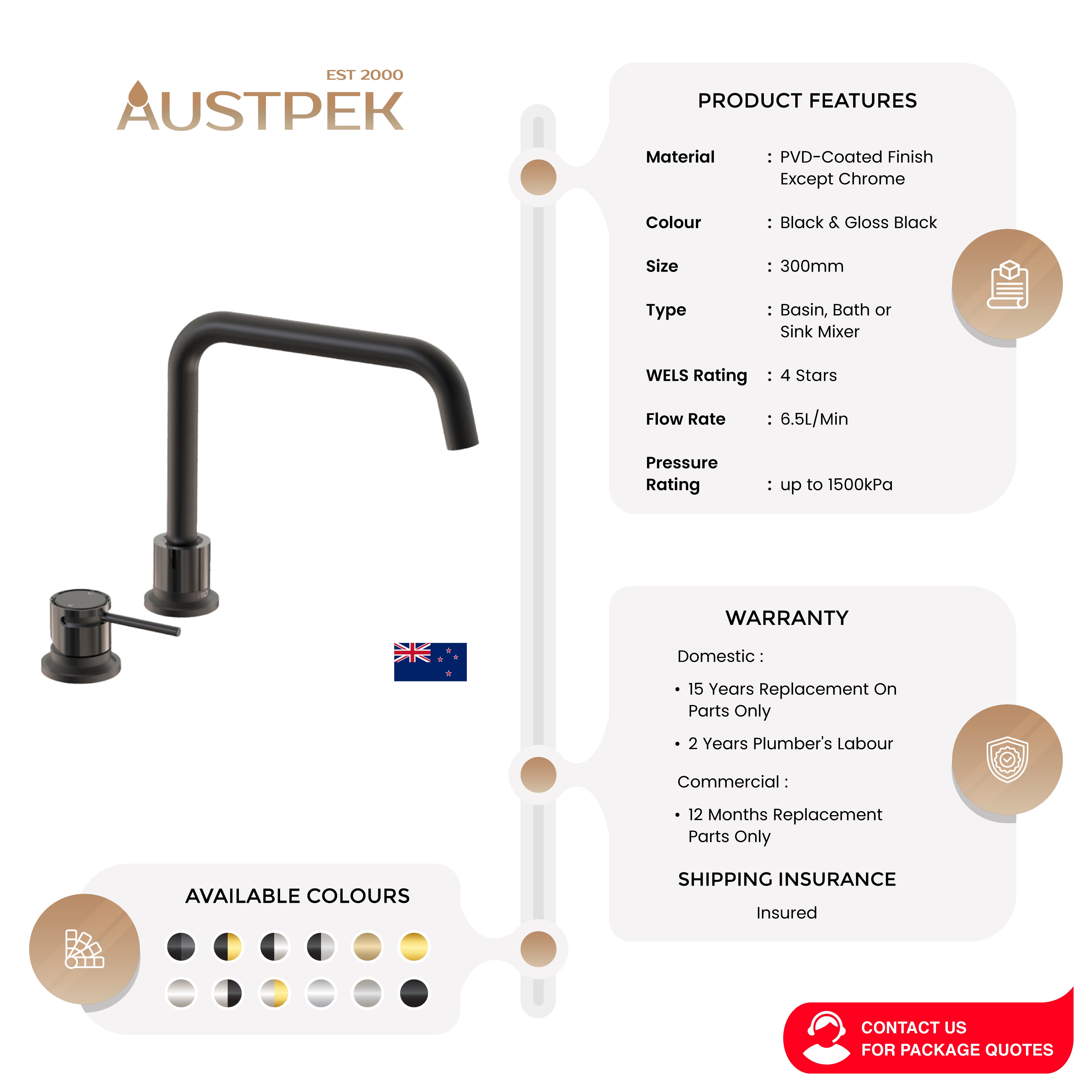 FELTON TATE DECK MOUNTED MIXER 300MM BLACK AND GLOSS BLACK