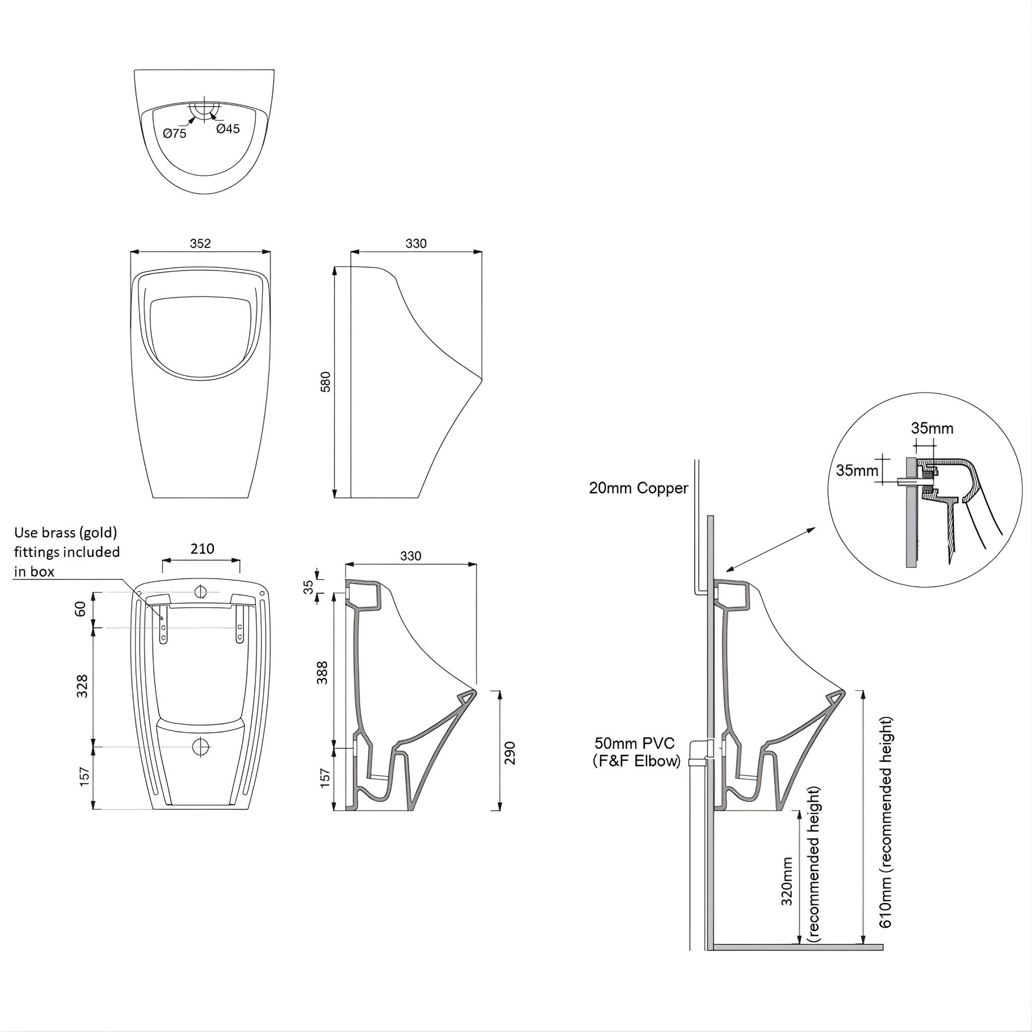 TURNER HASTINGS TEIDE WALL HUNG URINAL BACK INLET GLOSS WHITE