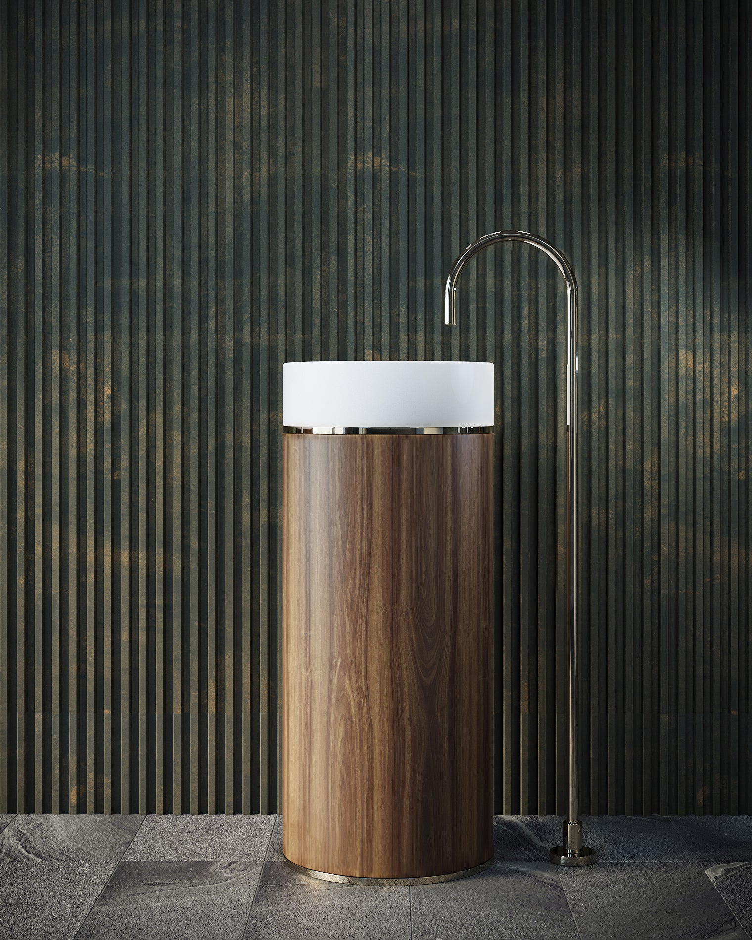 BELBAGNO TESORO FREESTANDING PEDESTAL BASIN BRUSHED NICKEL 380MM X 850MM