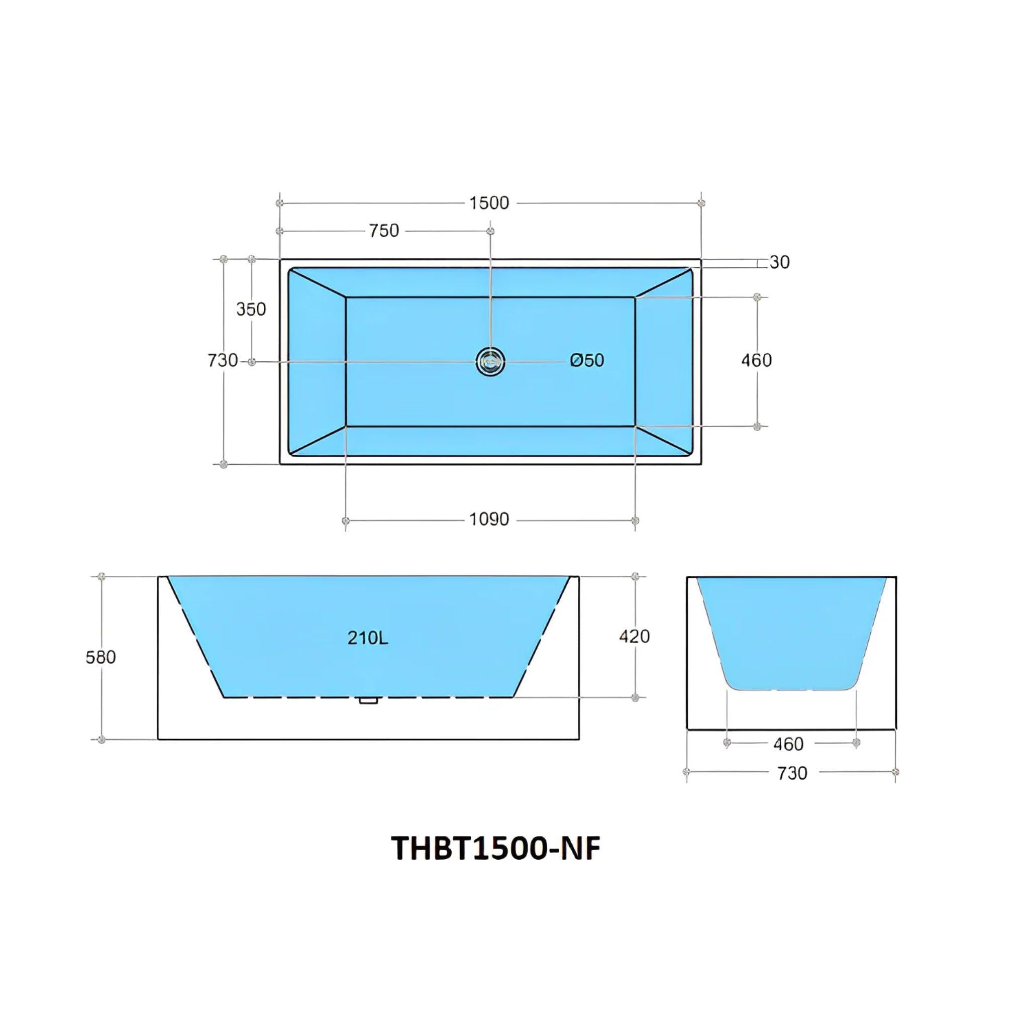 POSEIDON THEO BACK TO WALL BATH NON OVERFLOW GLOSS WHITE 1500MM