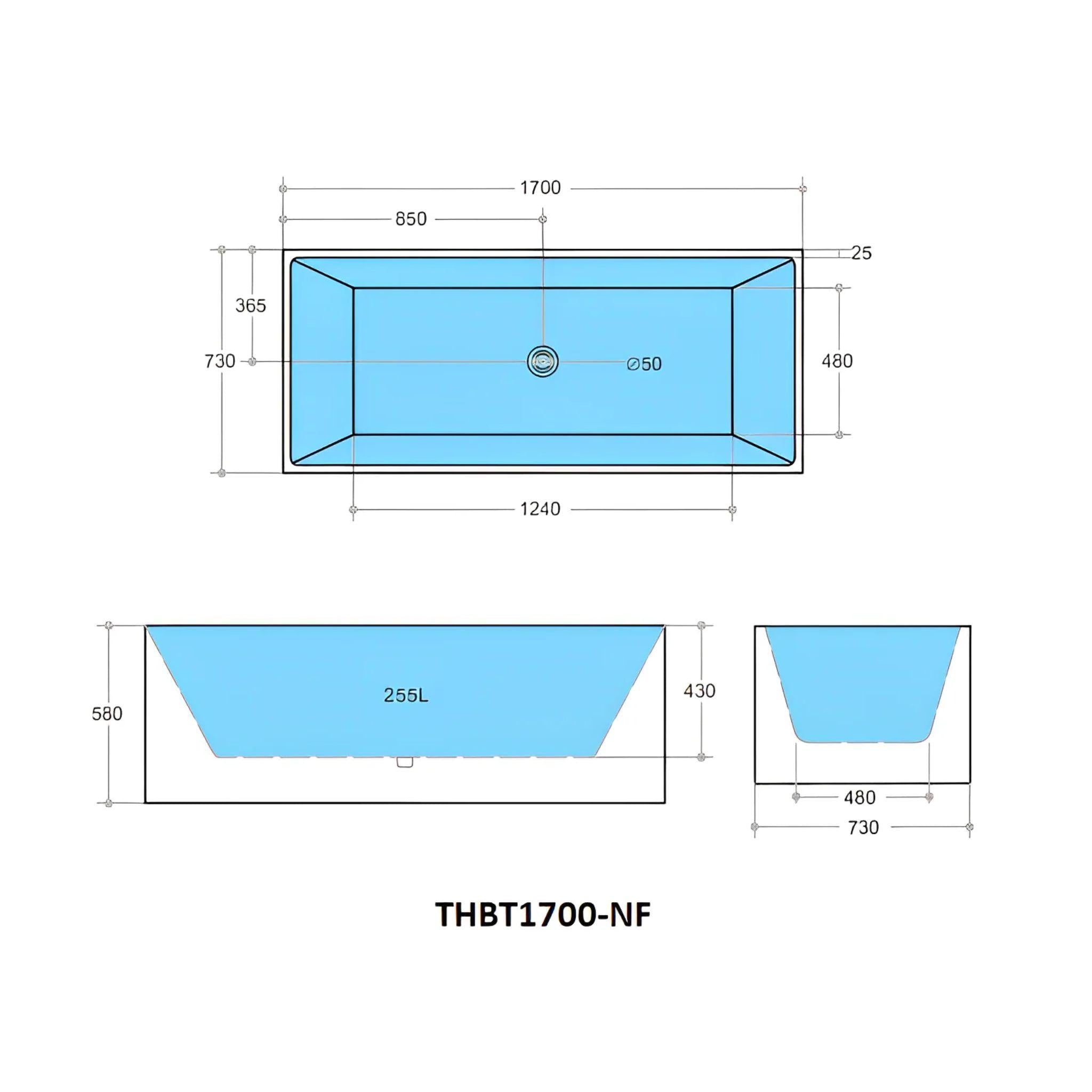 POSEIDON THEO BACK TO WALL BATHTUB NON OVERFLOW MATTE WHITE (AVAILABLE IN 1400MM, 1500MM AND 1700MM)