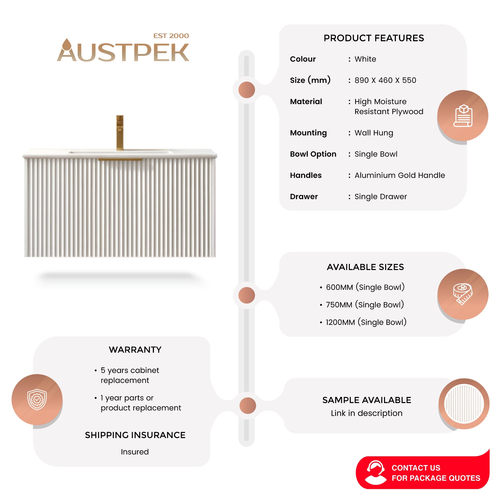 INFINITY THENA WHITE 900MM SINGLE BOWL WALL HUNG VANITY