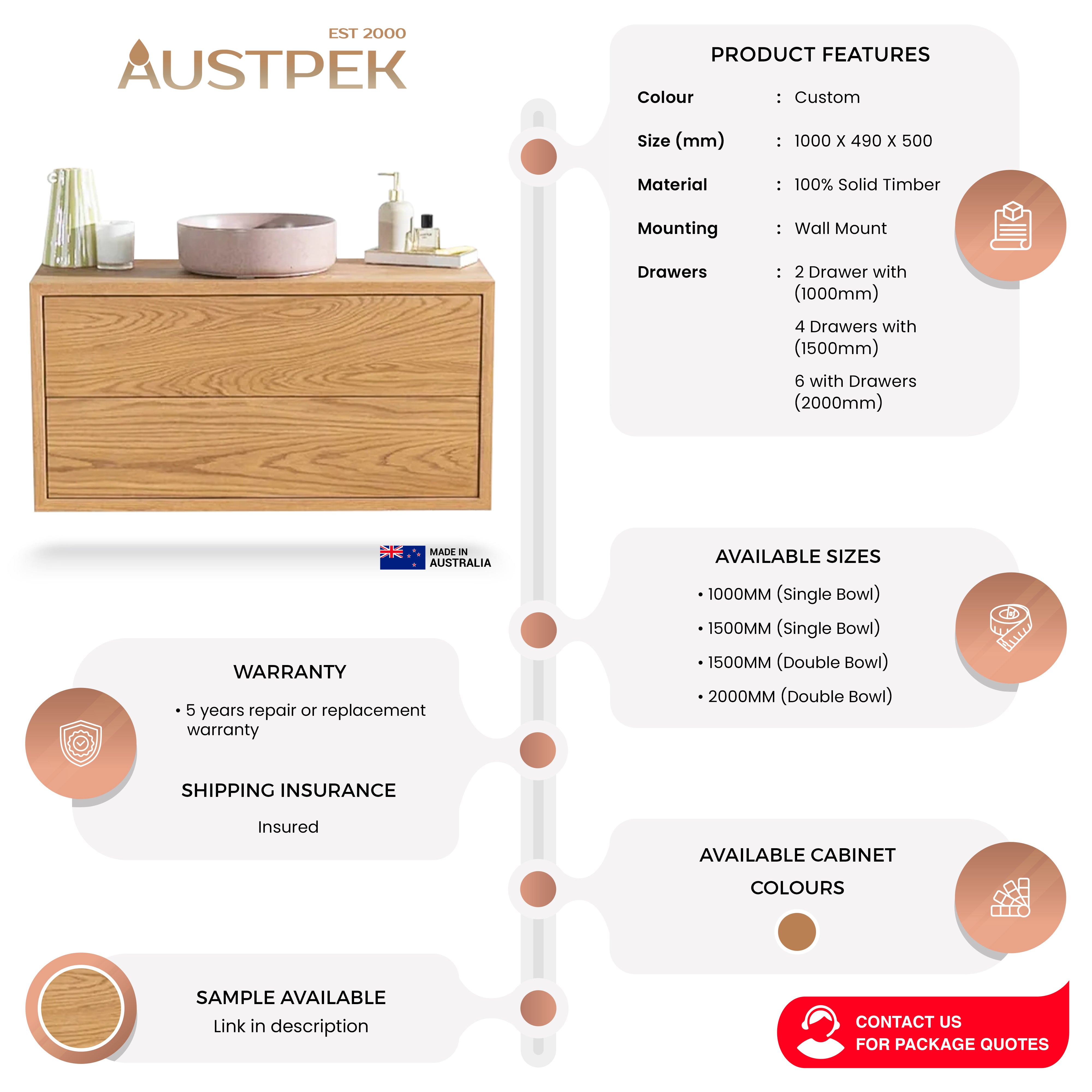 JR BESPOKE TIERRA SOLID TIMBER CUSTOM WALL HUNG VANITY (ALL SIZING)