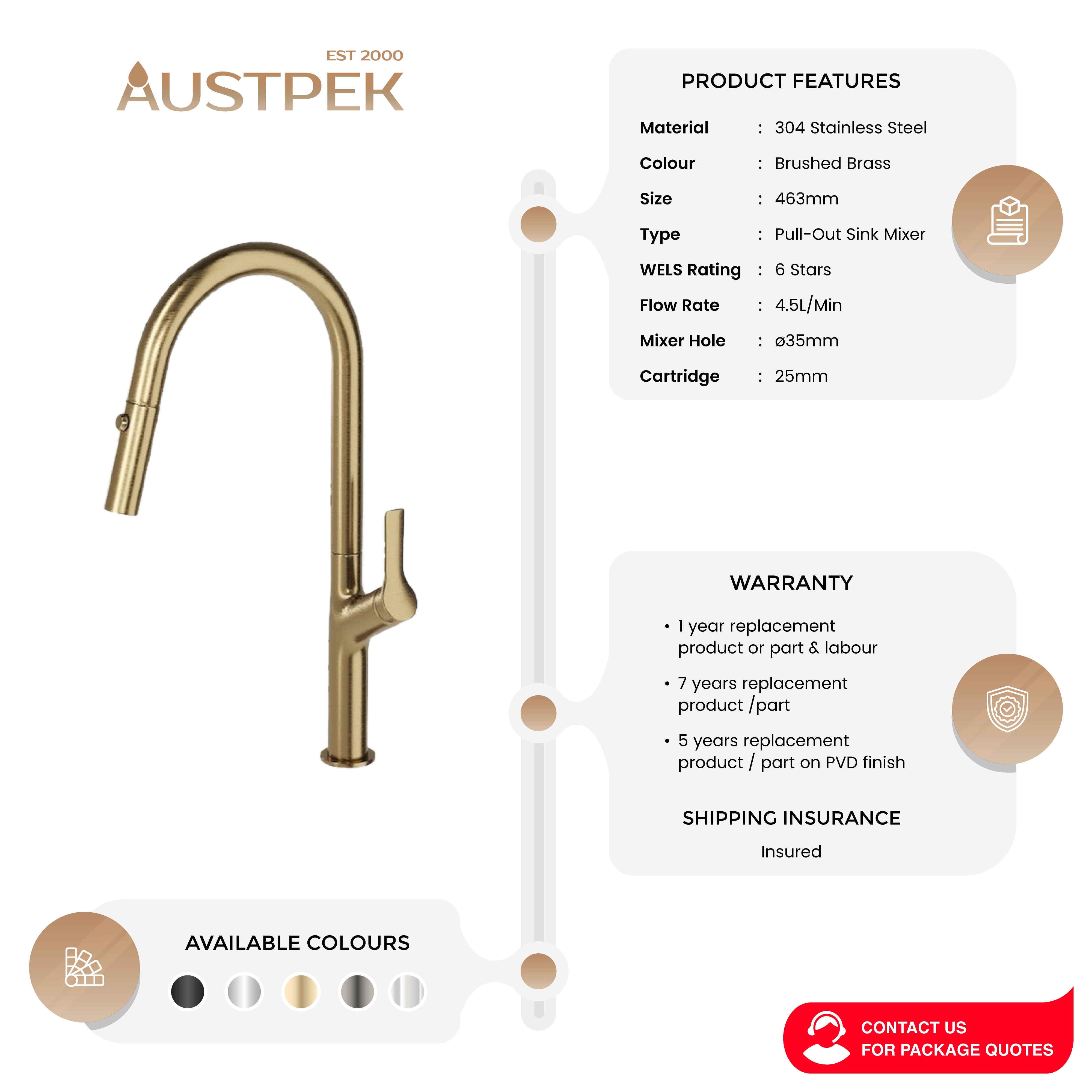LINSOL TISH PULL-OUT SINK MIXER 463MM BRUSHED BRASS