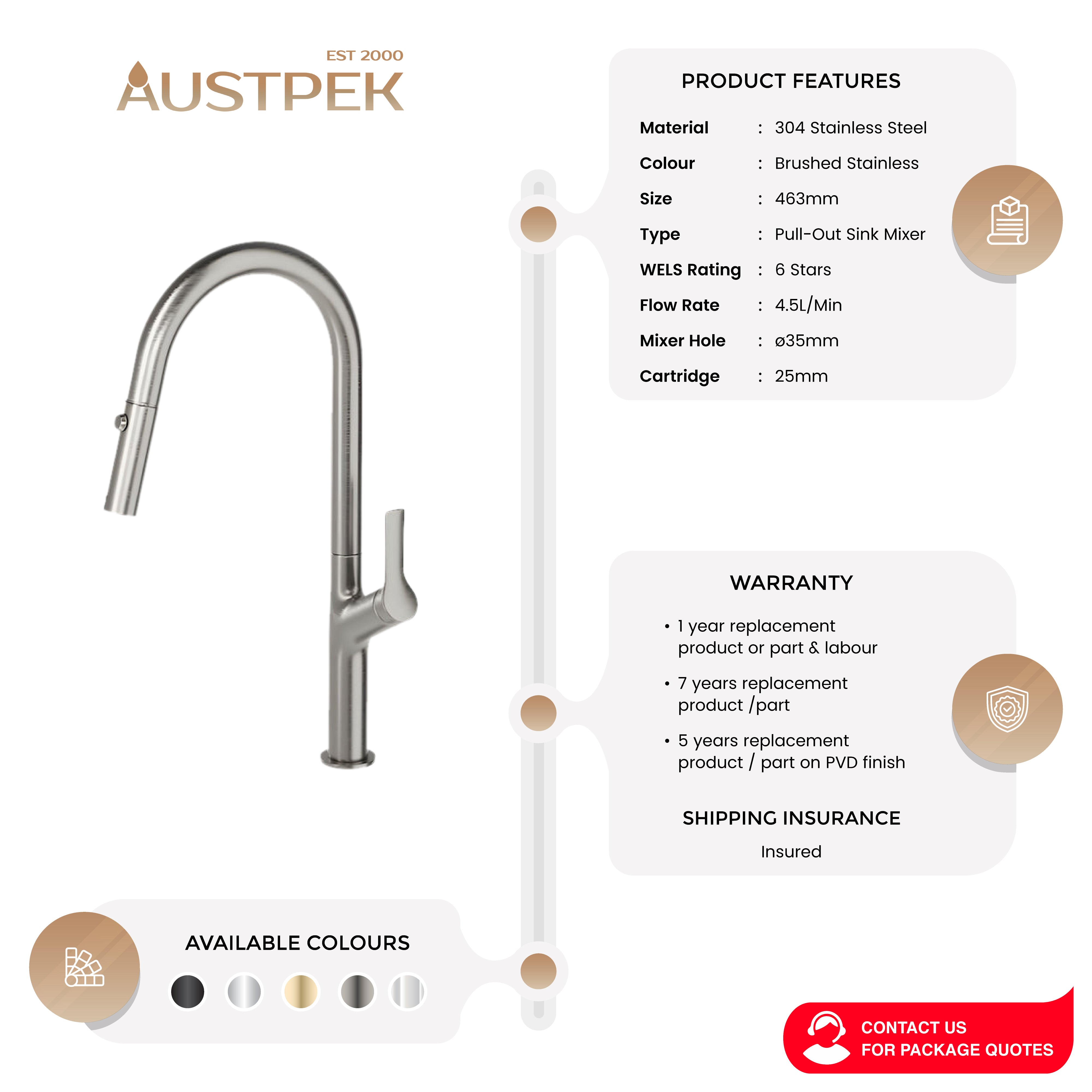 LINSOL TISH PULL-OUT SINK MIXER 463MM BRUSHED STAINLESS
