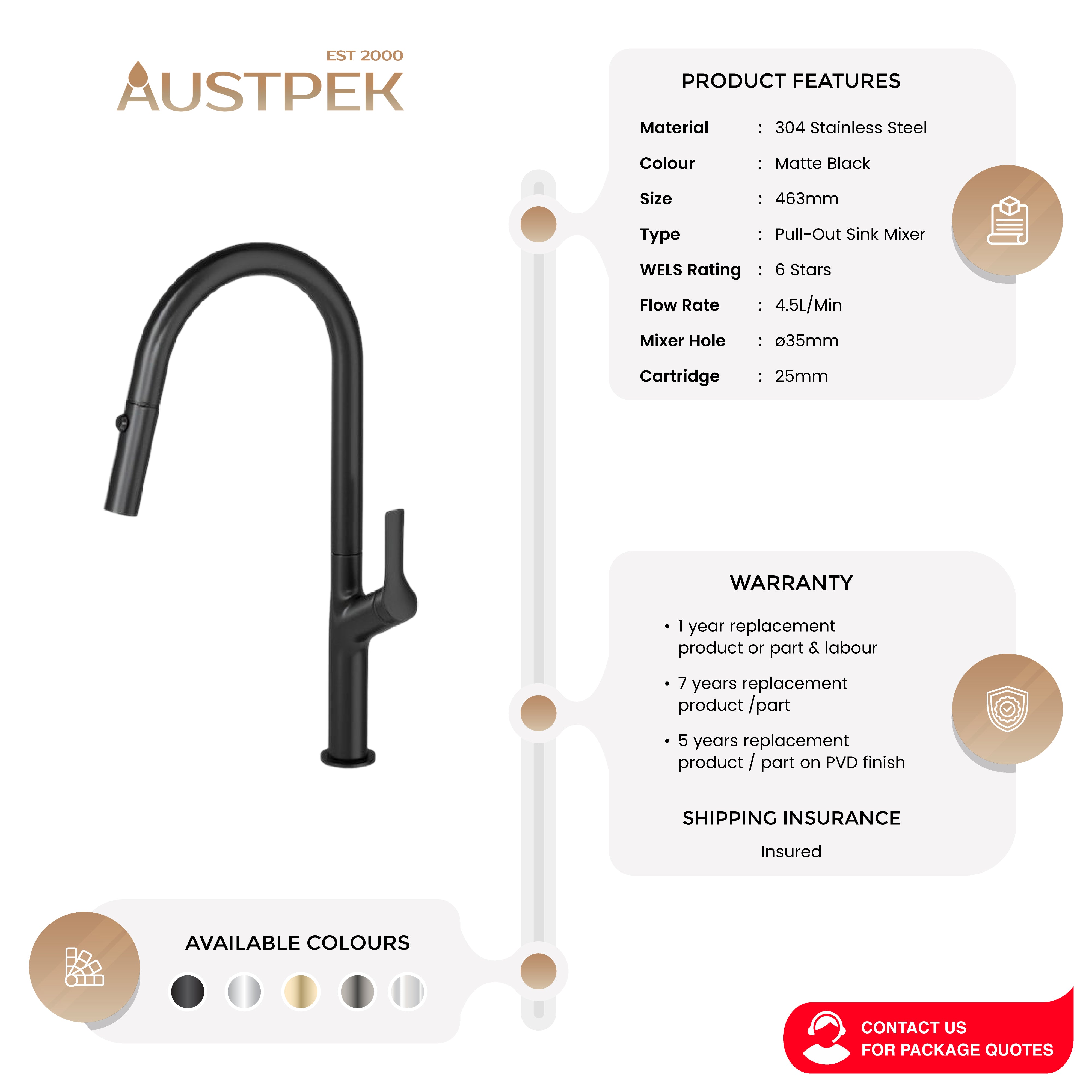 LINSOL TISH PULL-OUT SINK MIXER 463MM MATTE BLACK