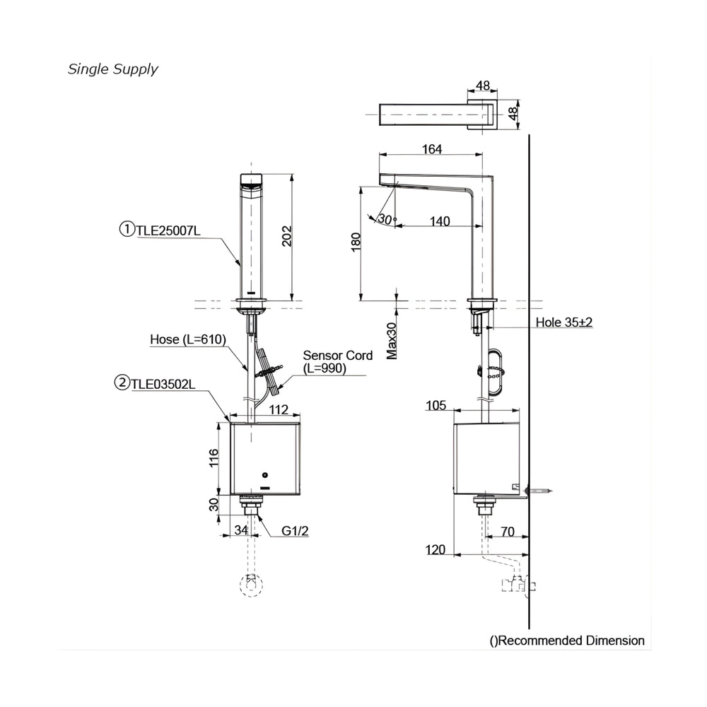 TOTO TOUCHLESS DECK MOUNTED SEMI-TALL BASIN MIXER 202MM CHROME