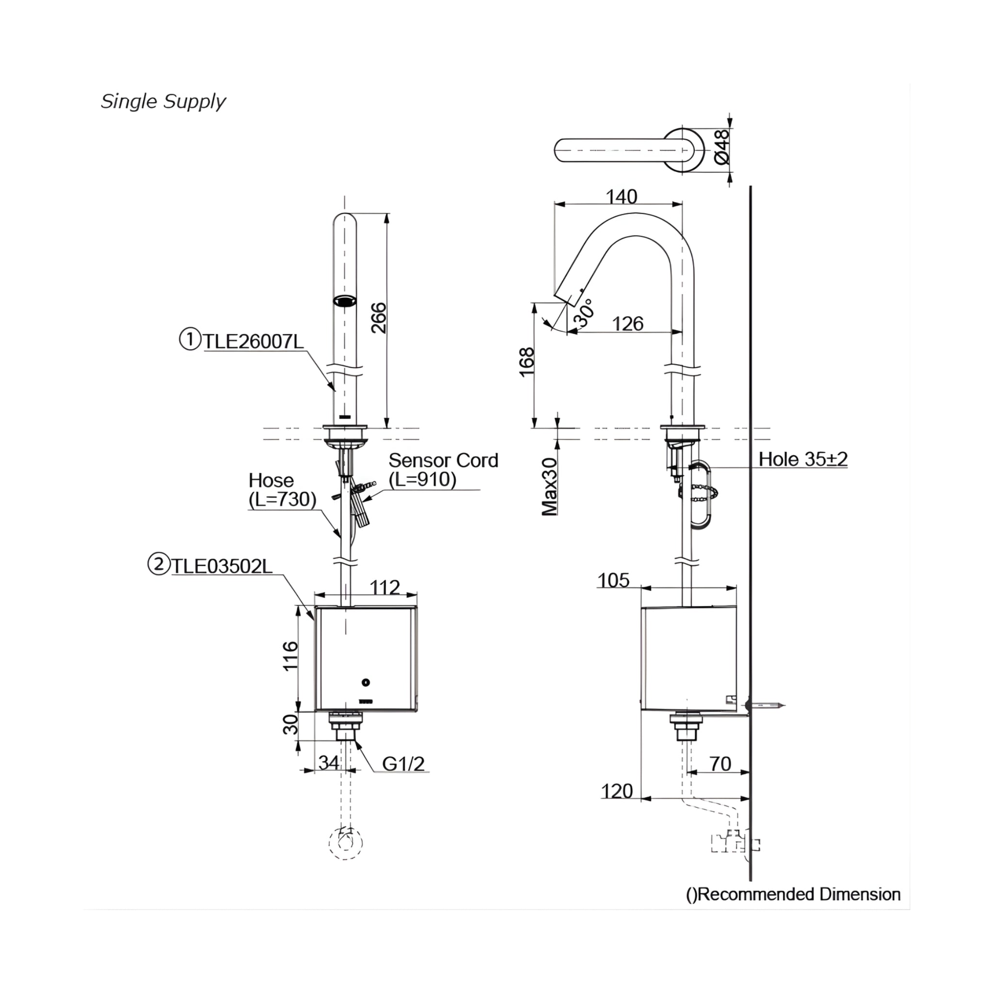 TOTO TOUCHLESS DECK MOUNTED SEMI-TALL BASIN MIXER 266MM CHROME