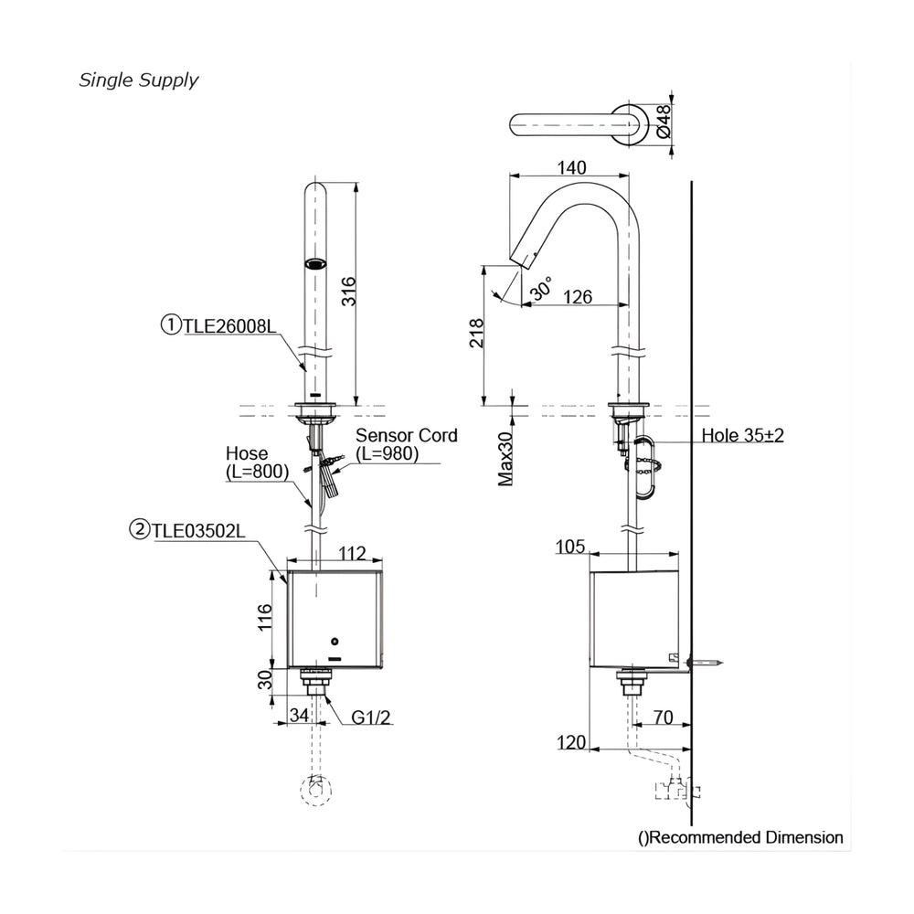 TOTO TOUCHLESS DECK MOUNTED TALL BASIN MIXER 316MM CHROME