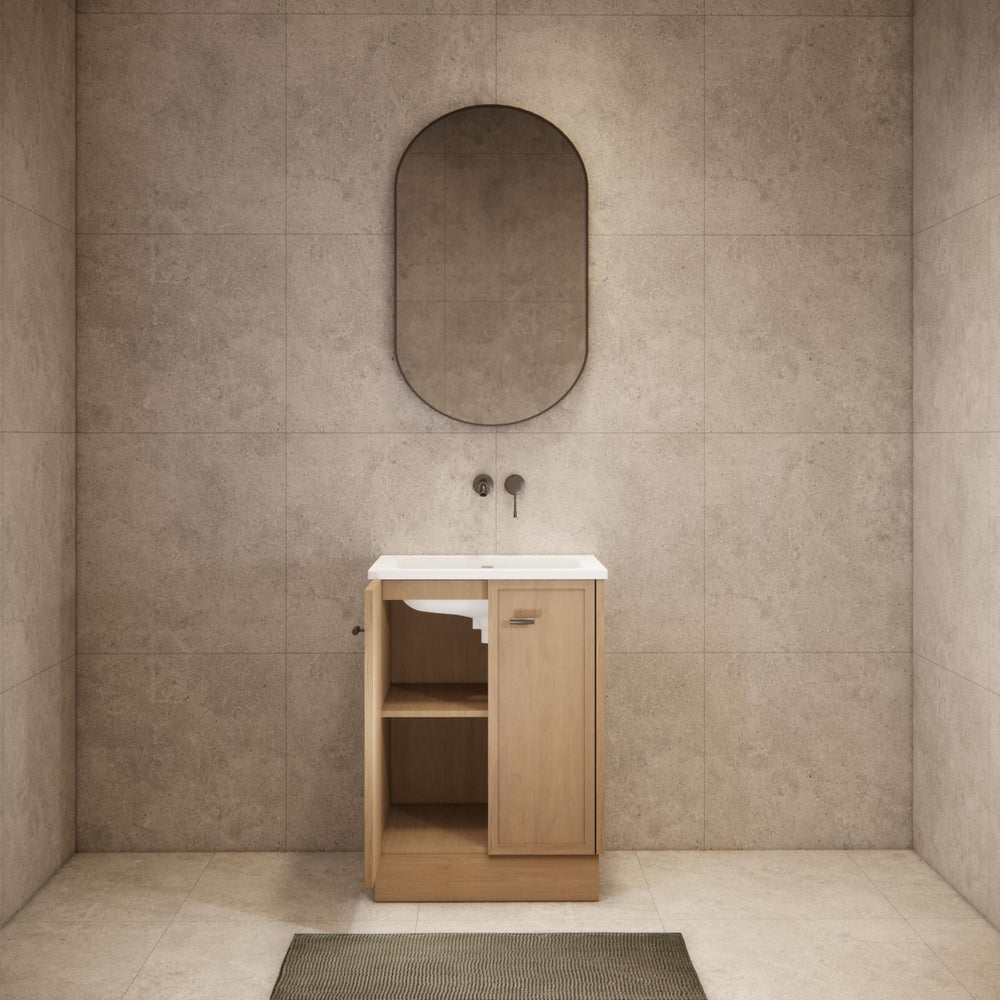 RIVA TOFINO COASTAL OAK 600MM SINGLE BOWL FLOOR STANDING VANITY WITH KICKBOARD