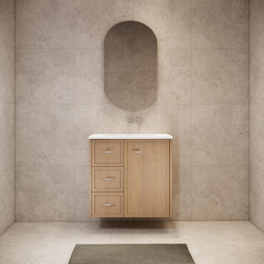 RIVA TOFINO COASTAL OAK 750MM SINGLE BOWL WALL HUNG VANITY (AVAILABLE IN LEFT HAND DRAWER AND RIGHT HAND DRAWER)