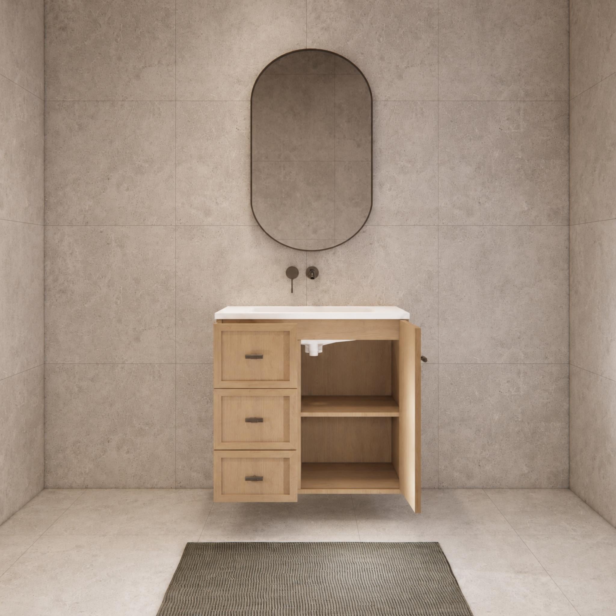 RIVA TOFINO COASTAL OAK 750MM SINGLE BOWL WALL HUNG VANITY (AVAILABLE IN LEFT HAND DRAWER AND RIGHT HAND DRAWER)