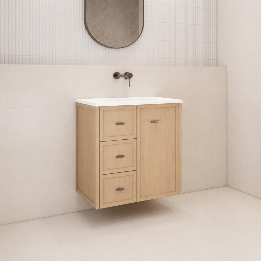 RIVA TOFINO COASTAL OAK 750MM SINGLE BOWL WALL HUNG VANITY (AVAILABLE IN LEFT HAND DRAWER AND RIGHT HAND DRAWER)