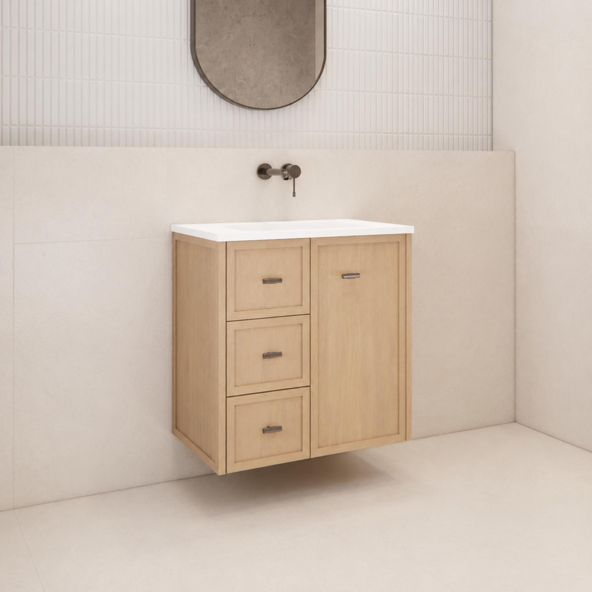 RIVA TOFINO COASTAL OAK 750MM SINGLE BOWL WALL HUNG VANITY (AVAILABLE IN LEFT HAND DRAWER AND RIGHT HAND DRAWER)