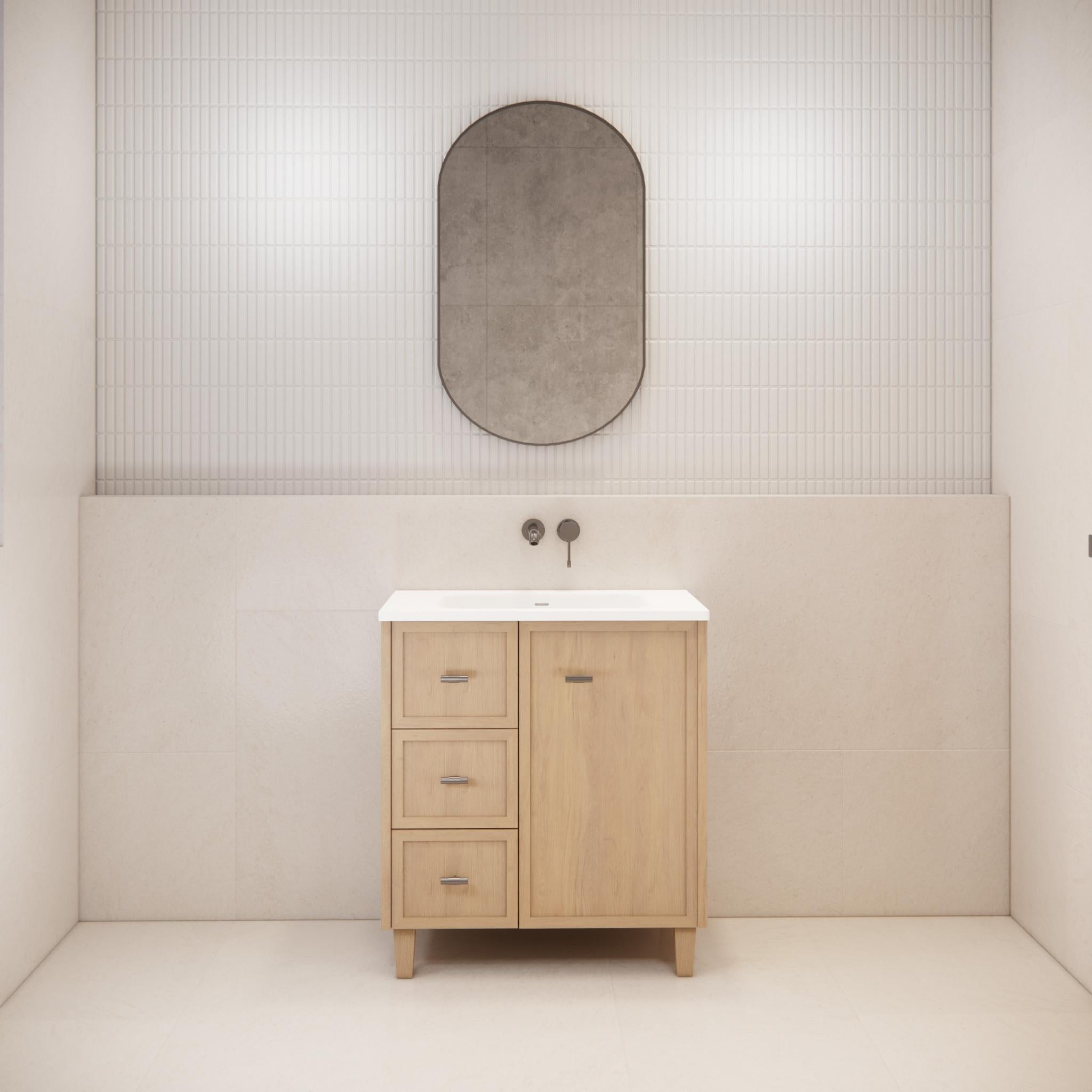 RIVA TOFINO COASTAL OAK 750MM SINGLE BOWL FLOOR STANDING VANITY (AVAILABLE IN LEFT HAND DRAWER AND RIGHT HAND DRAWER)