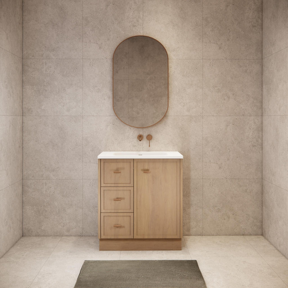 RIVA TOFINO COASTAL OAK 750MM SINGLE BOWL FLOOR STANDING VANITY WITH KICKBOARD (AVAILABLE IN LEFT HAND DRAWER AND RIGHT HAND DRAWER)