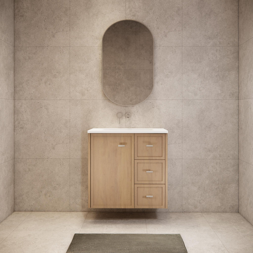 RIVA TOFINO COASTAL OAK 750MM SINGLE BOWL WALL HUNG VANITY (AVAILABLE IN LEFT HAND DRAWER AND RIGHT HAND DRAWER)