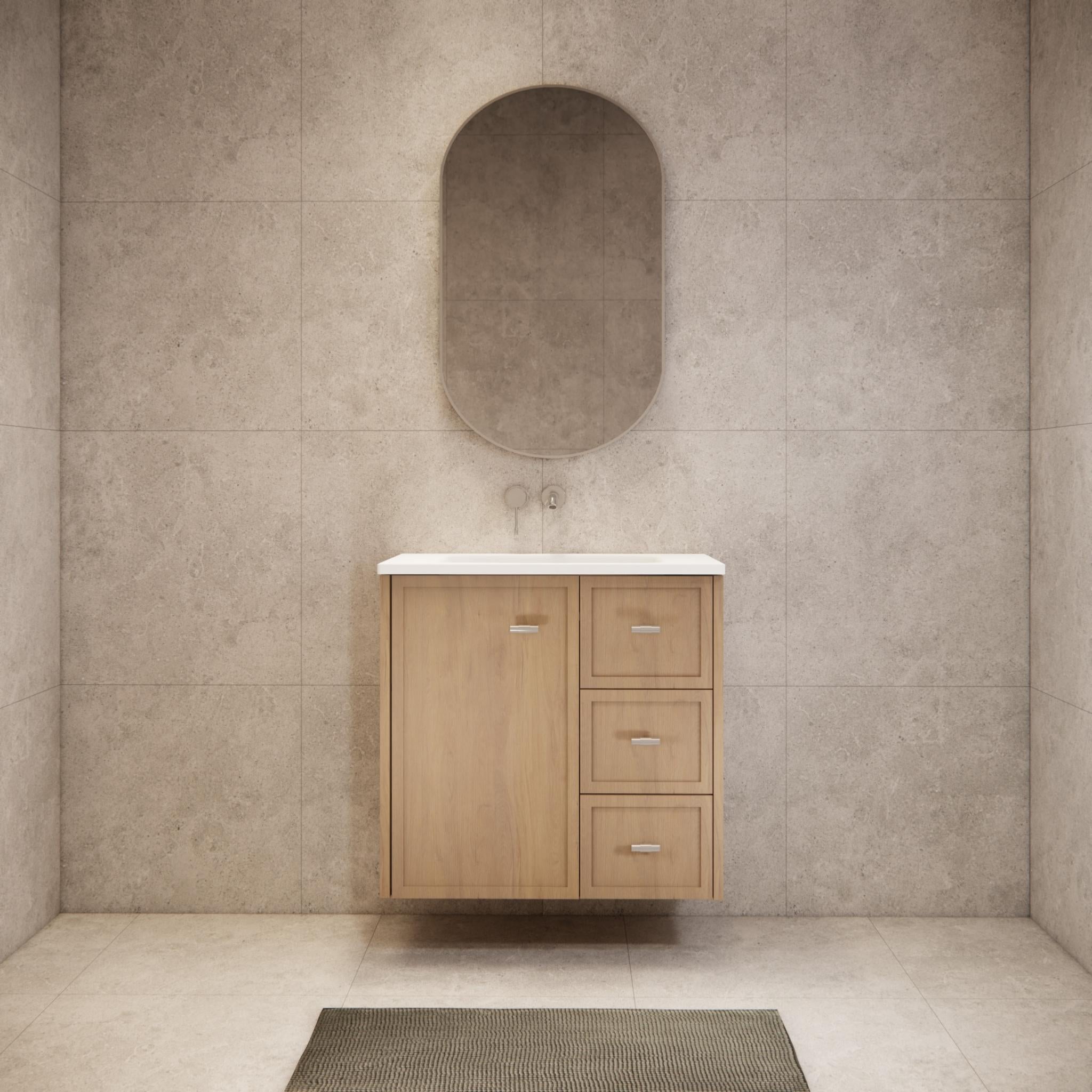 RIVA TOFINO COASTAL OAK 750MM SINGLE BOWL WALL HUNG VANITY (AVAILABLE IN LEFT HAND DRAWER AND RIGHT HAND DRAWER)
