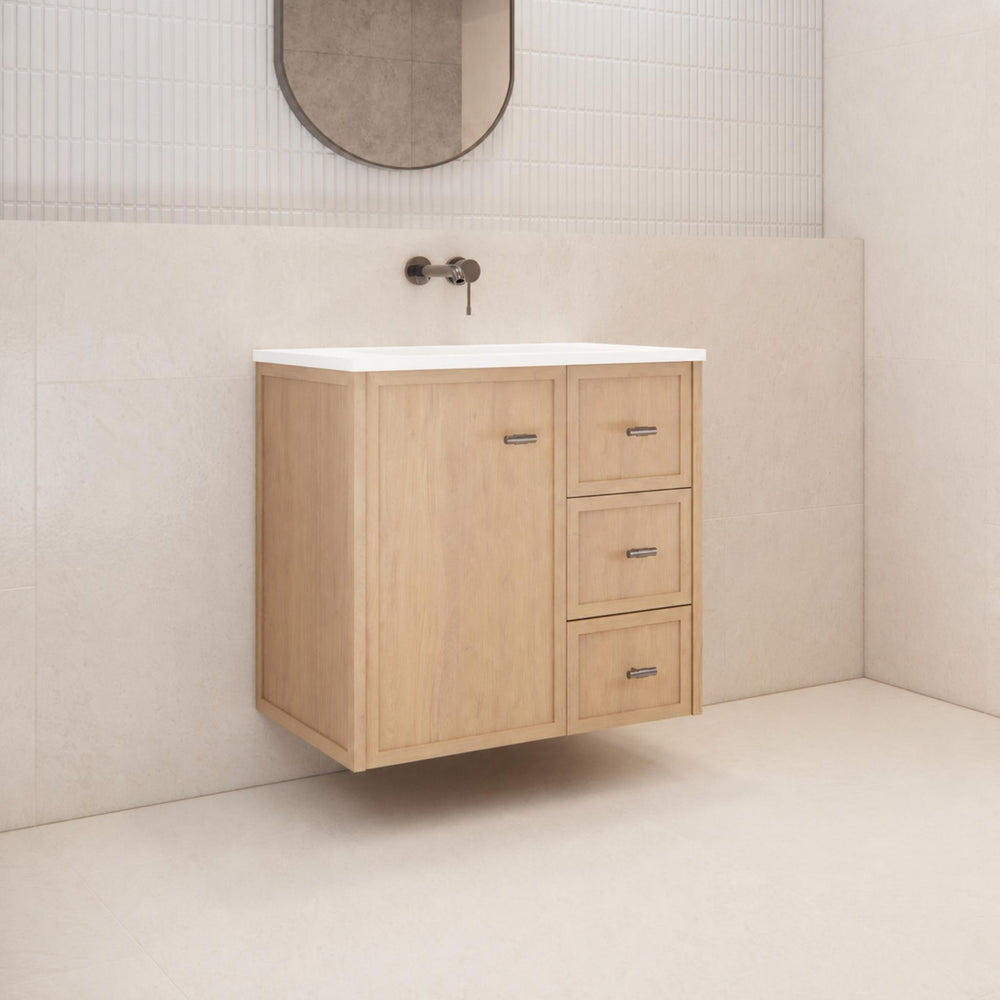 RIVA TOFINO COASTAL OAK 750MM SINGLE BOWL WALL HUNG VANITY (AVAILABLE IN LEFT HAND DRAWER AND RIGHT HAND DRAWER)