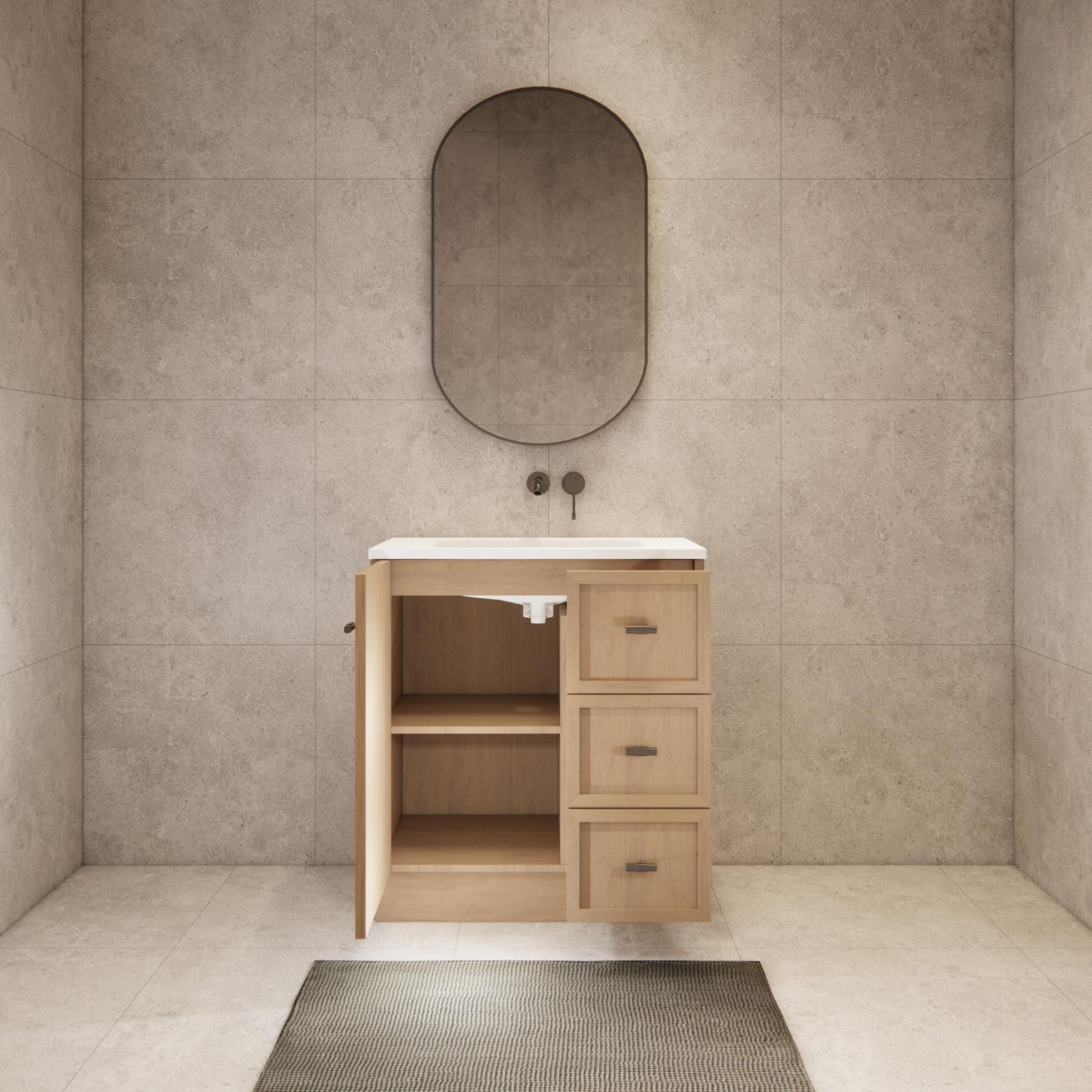 RIVA TOFINO COASTAL OAK 750MM SINGLE BOWL FLOOR STANDING VANITY WITH KICKBOARD (AVAILABLE IN LEFT HAND DRAWER AND RIGHT HAND DRAWER)