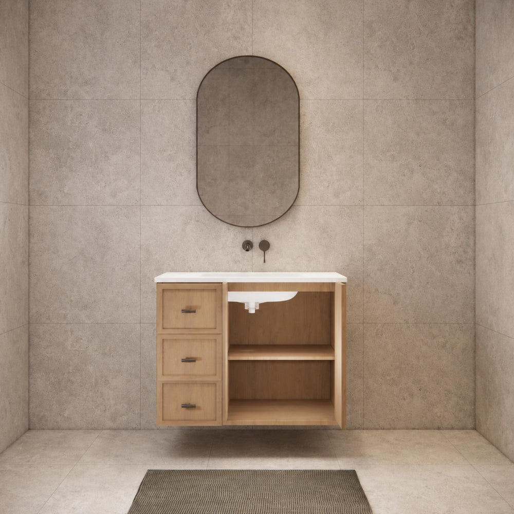 RIVA TOFINO COASTAL OAK 900MM SINGLE BOWL WALL HUNG VANITY (AVAILABLE IN LEFT HAND DRAWER AND RIGHT HAND DRAWER)