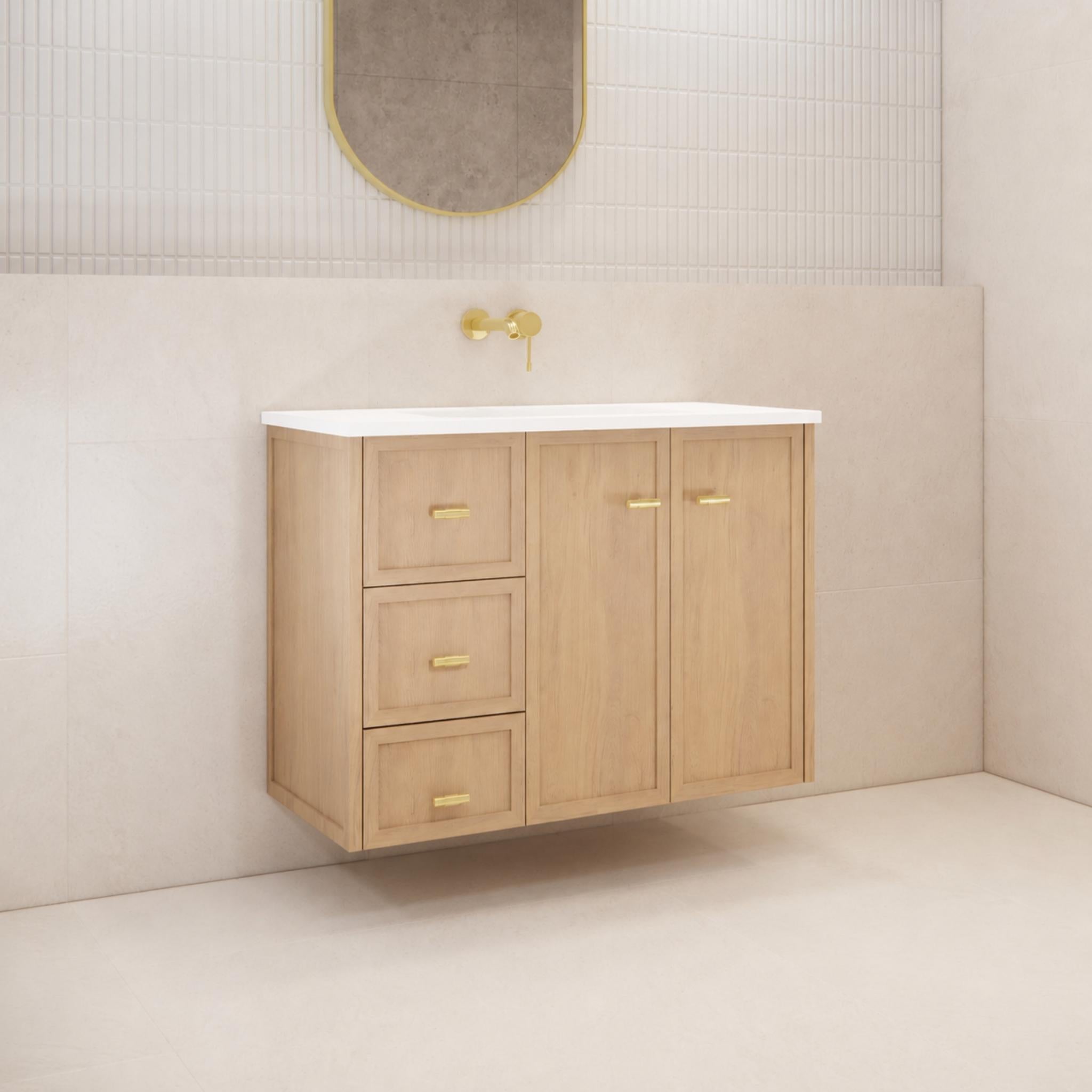 RIVA TOFINO COASTAL OAK 900MM SINGLE BOWL WALL HUNG VANITY (AVAILABLE IN LEFT HAND DRAWER AND RIGHT HAND DRAWER)
