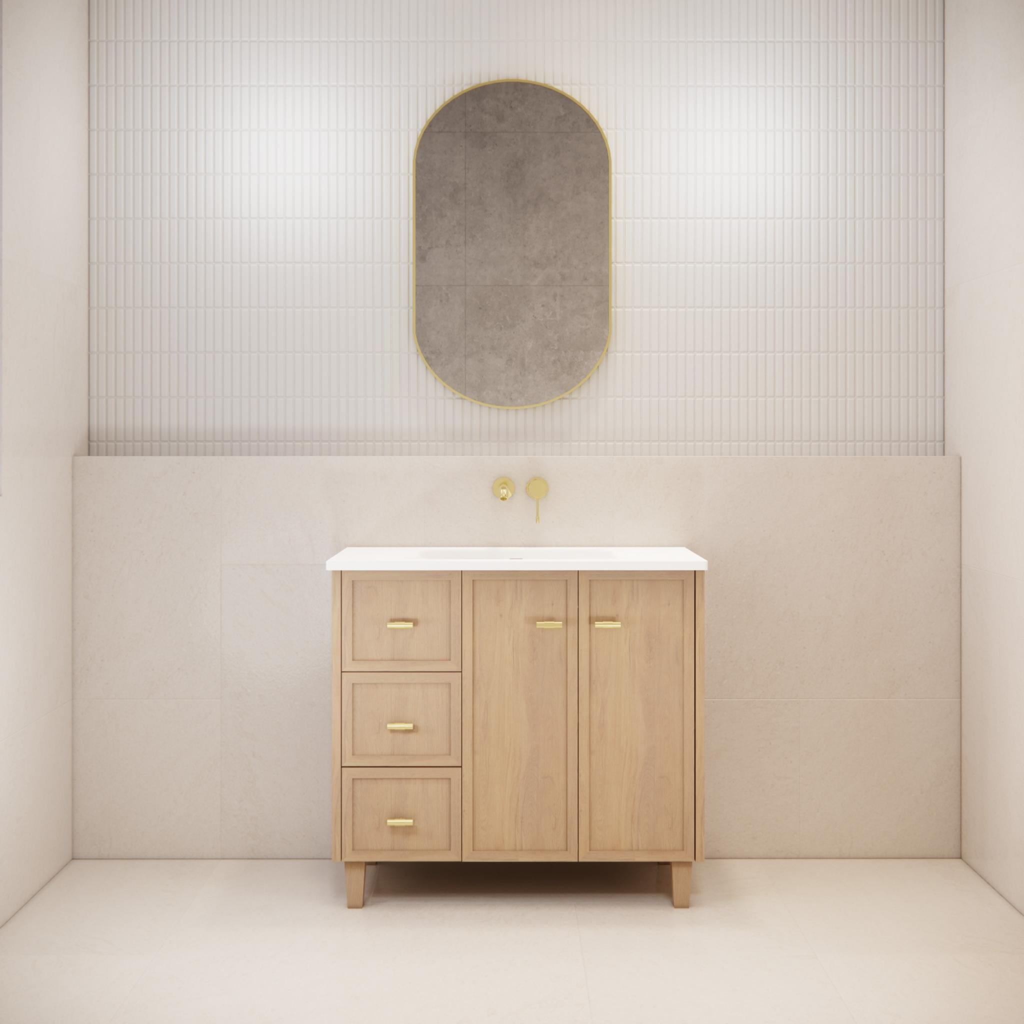 RIVA TOFINO COASTAL OAK 900MM SINGLE BOWL FLOOR STANDING VANITY (AVAILABLE IN LEFT HAND DRAWER AND RIGHT HAND DRAWER)