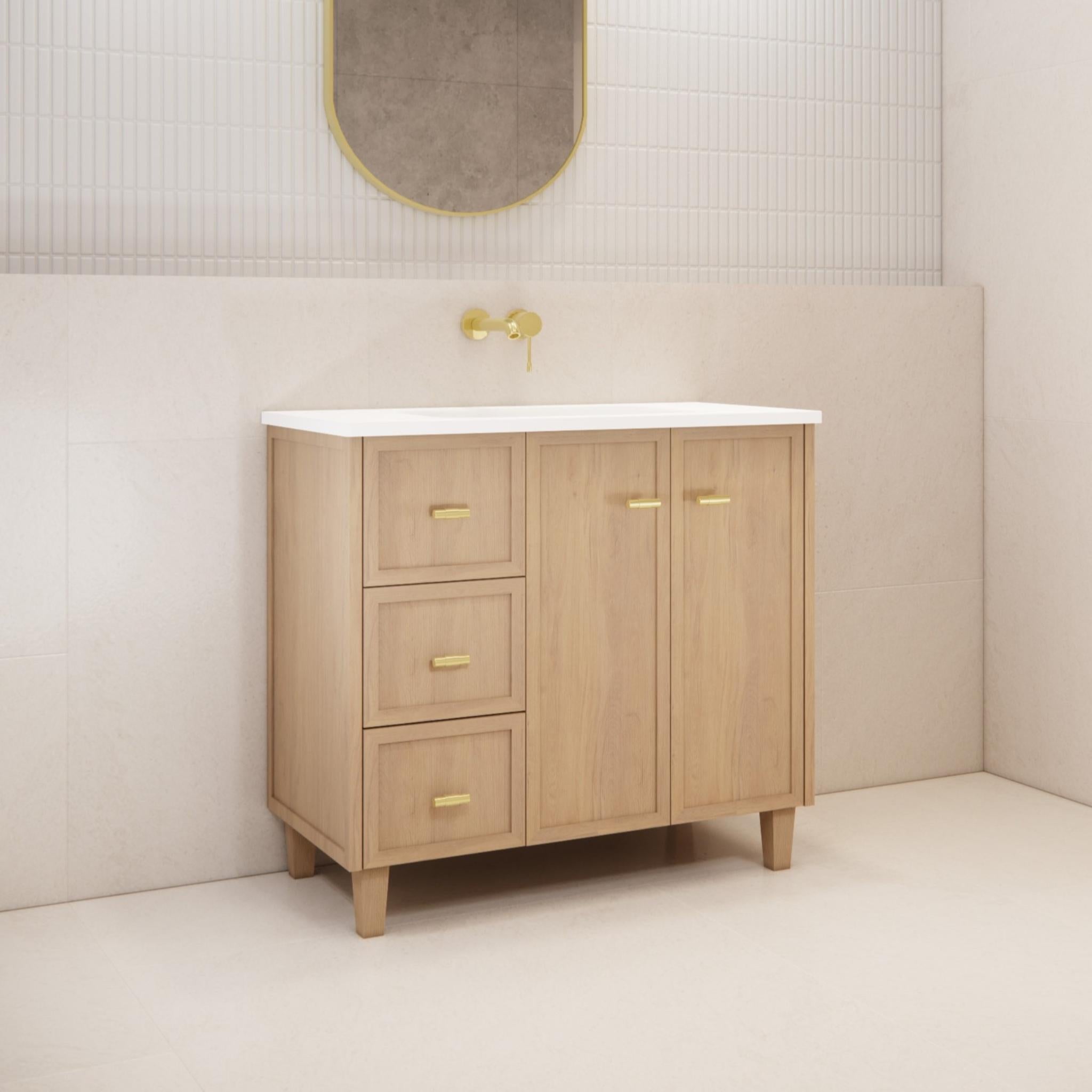 RIVA TOFINO COASTAL OAK 900MM SINGLE BOWL FLOOR STANDING VANITY (AVAILABLE IN LEFT HAND DRAWER AND RIGHT HAND DRAWER)