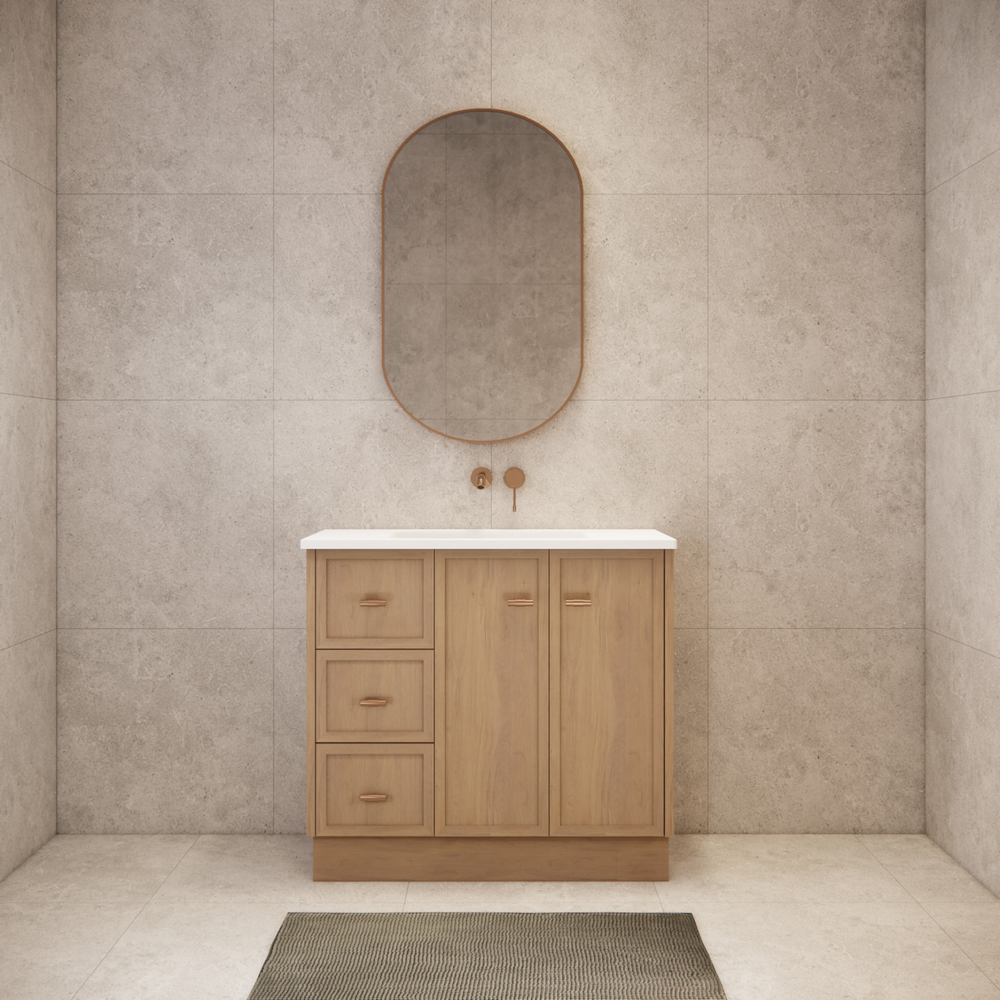 RIVA TOFINO COASTAL OAK 900MM SINGLE BOWL FLOOR STANDING VANITY WITH KICKBOARD (AVAILABLE IN LEFT HAND DRAWER AND RIGHT HAND DRAWER)