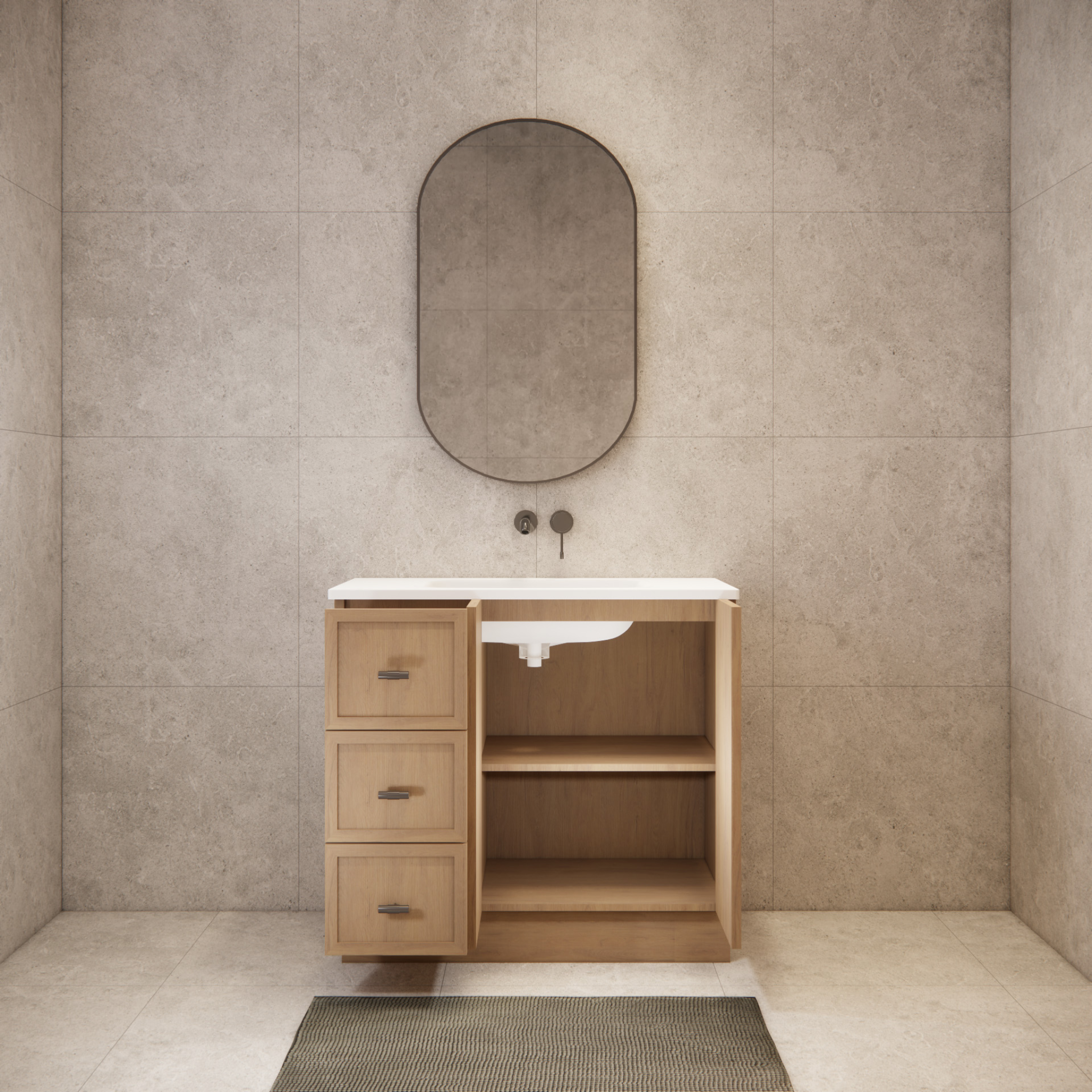RIVA TOFINO COASTAL OAK 900MM SINGLE BOWL FLOOR STANDING VANITY WITH KICKBOARD (AVAILABLE IN LEFT HAND DRAWER AND RIGHT HAND DRAWER)