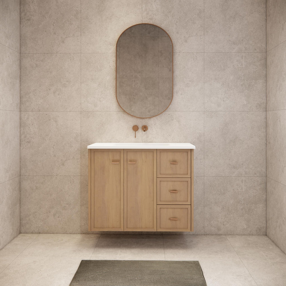 RIVA TOFINO COASTAL OAK 900MM SINGLE BOWL WALL HUNG VANITY (AVAILABLE IN LEFT HAND DRAWER AND RIGHT HAND DRAWER)