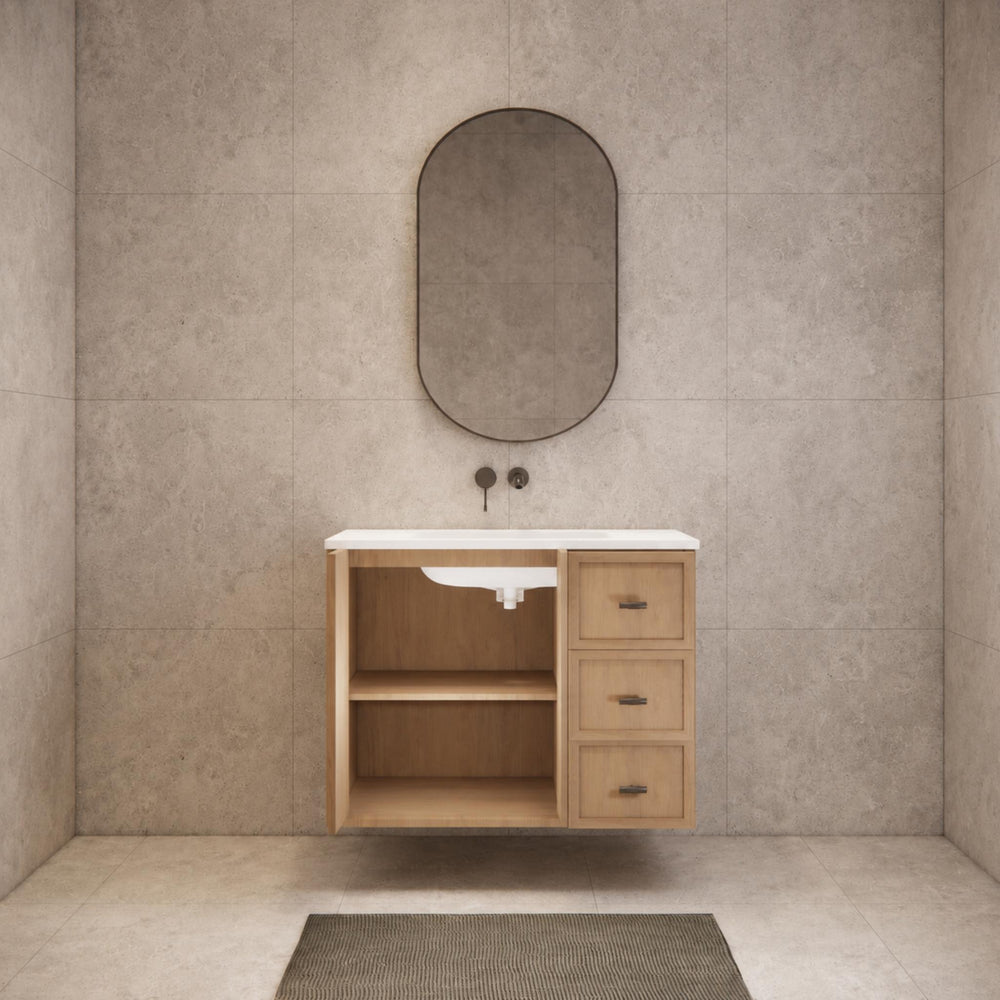 RIVA TOFINO COASTAL OAK 900MM SINGLE BOWL WALL HUNG VANITY (AVAILABLE IN LEFT HAND DRAWER AND RIGHT HAND DRAWER)
