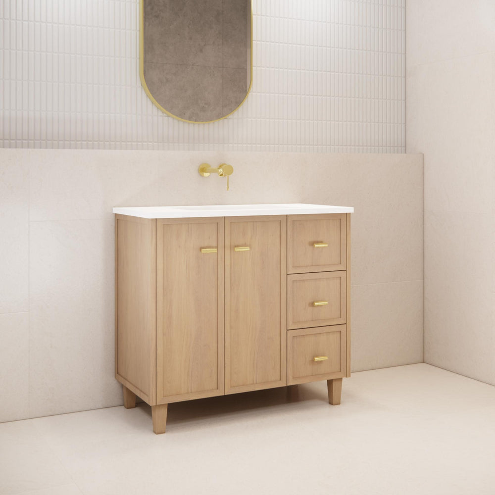 RIVA TOFINO COASTAL OAK 900MM SINGLE BOWL FLOOR STANDING VANITY (AVAILABLE IN LEFT HAND DRAWER AND RIGHT HAND DRAWER)