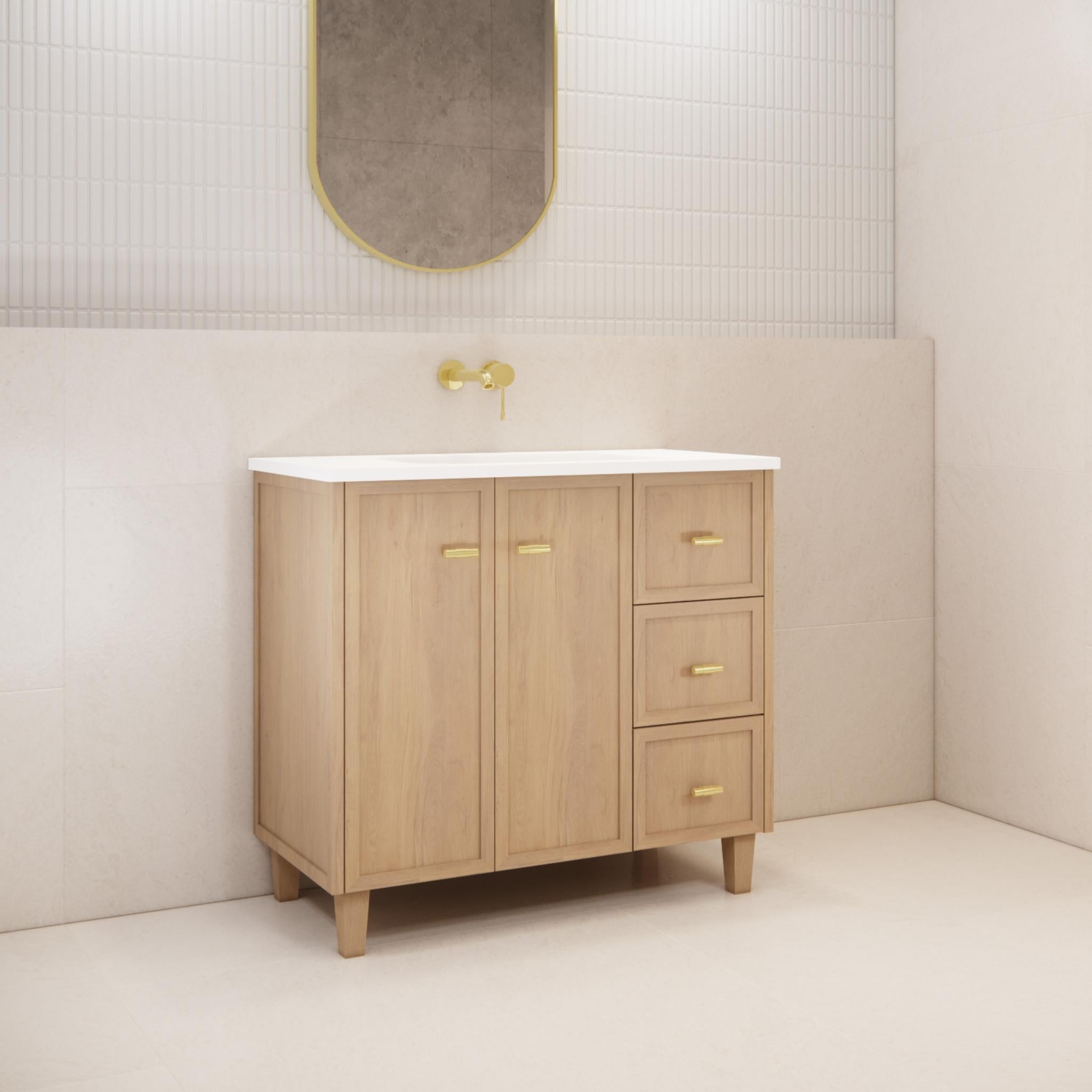 RIVA TOFINO COASTAL OAK 900MM SINGLE BOWL FLOOR STANDING VANITY (AVAILABLE IN LEFT HAND DRAWER AND RIGHT HAND DRAWER)