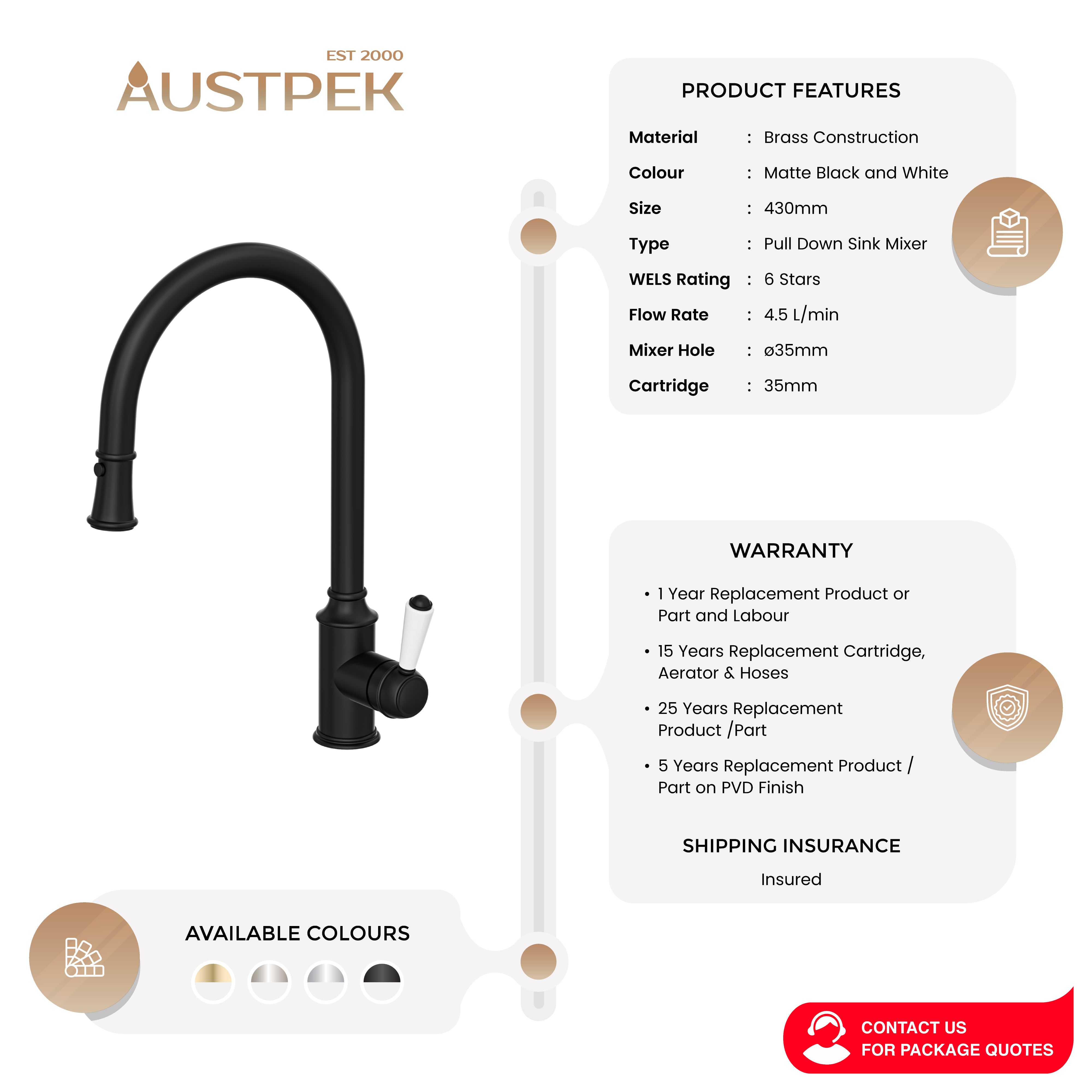 LINSOL TOMMY PULL DOWN SINK MIXER 430MM MATTE BLACK AND WHITE