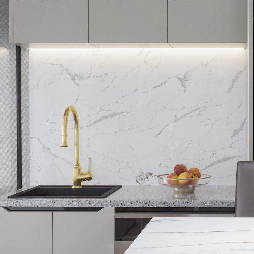LINSOL TOMMY PULL DOWN SINK MIXER 430MM BRUSHED BRASS AND WHITE
