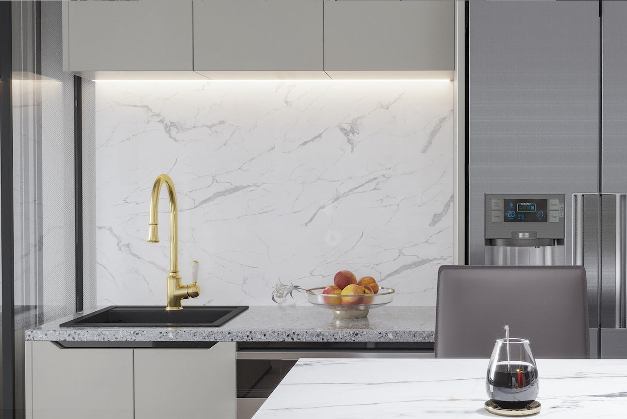 LINSOL TOMMY PULL DOWN SINK MIXER 430MM BRUSHED BRASS AND WHITE