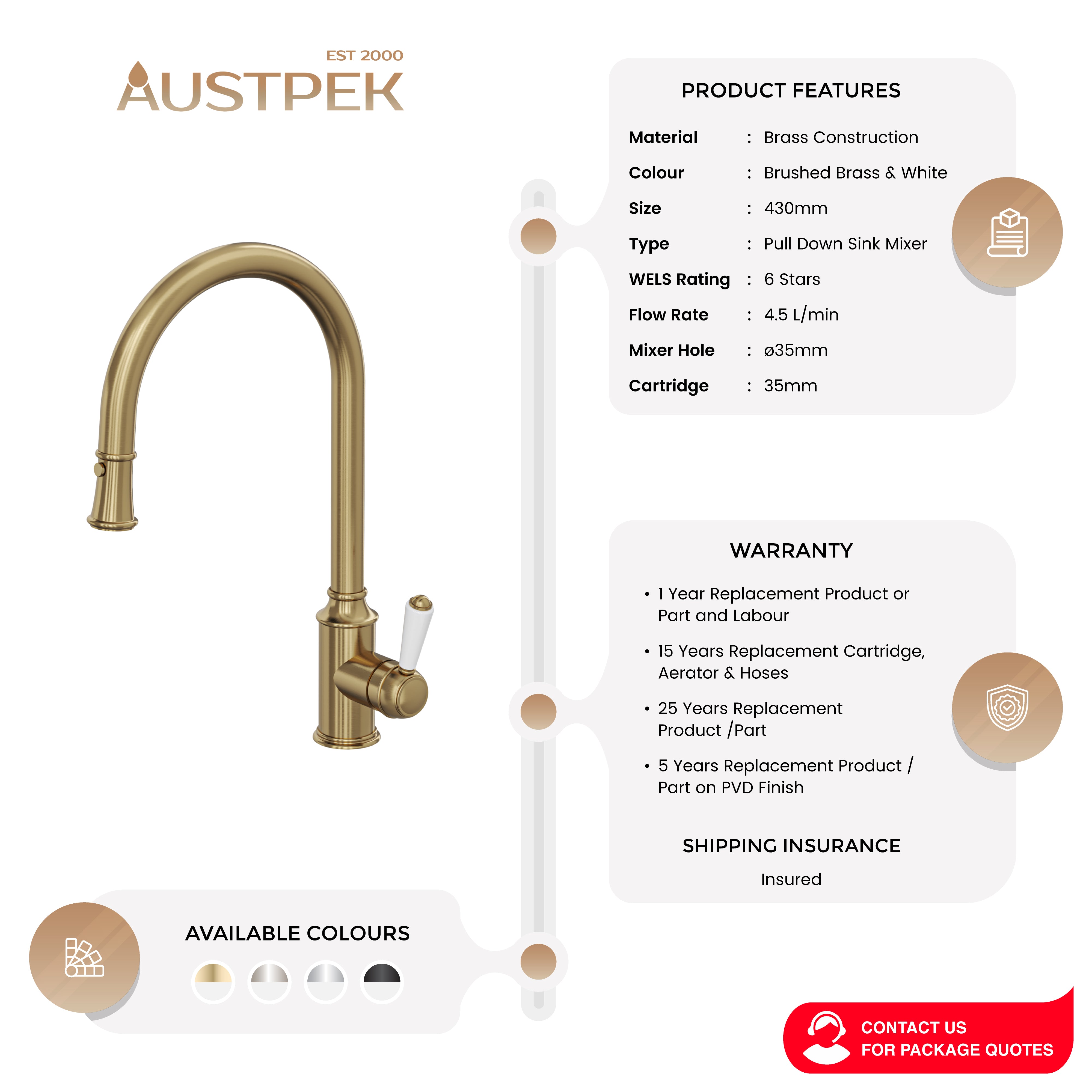 LINSOL TOMMY PULL DOWN SINK MIXER 430MM BRUSHED BRASS AND WHITE