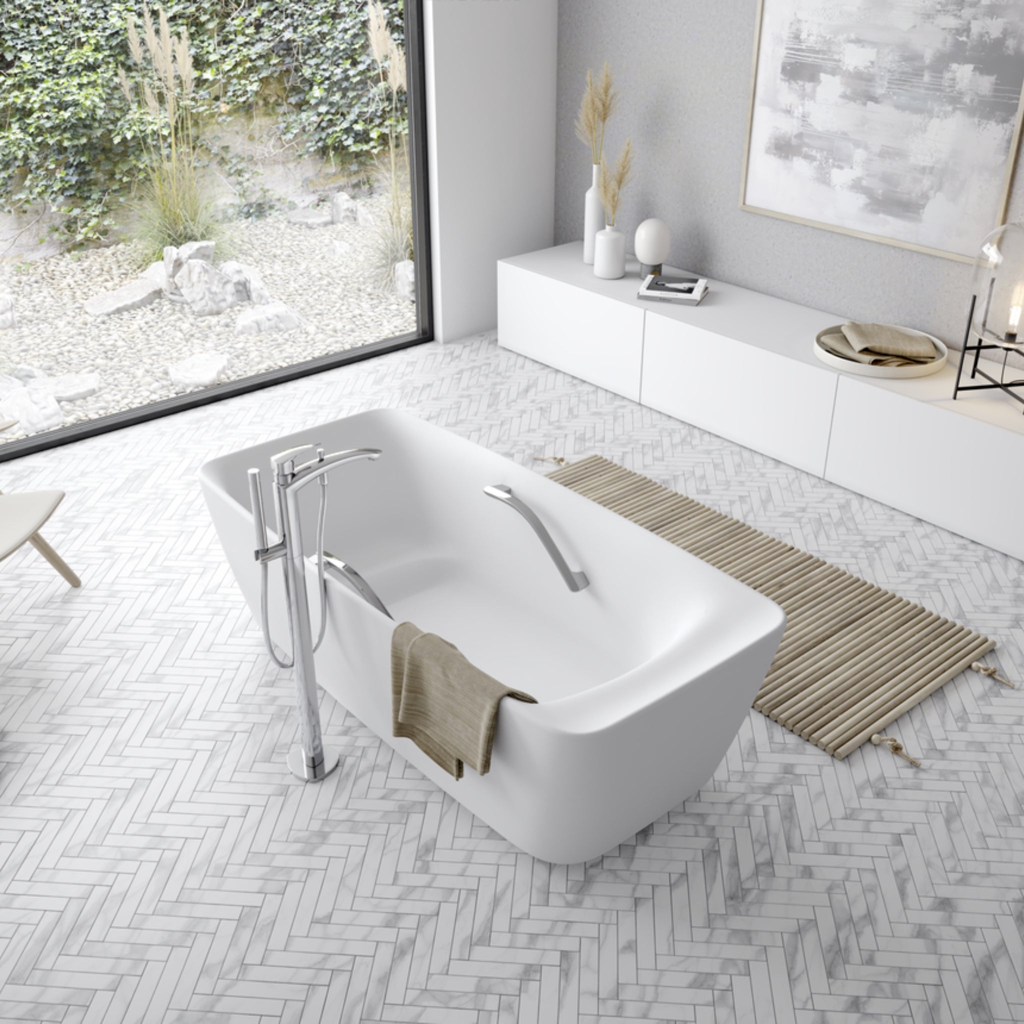 TOTO GALALATO MARBLE RECTANGULAR FREESTANDING BATHTUB WITH HANDGRIP MATTE WHITE 1700MM