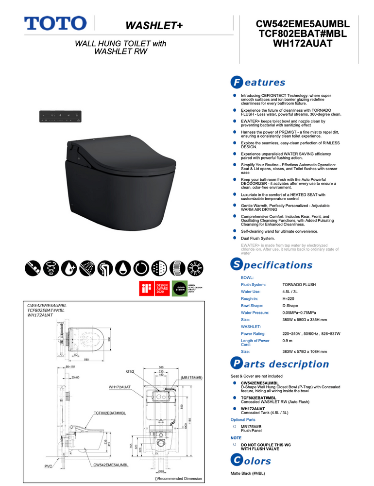 TOTO RW WALL HUNG TOILET WASHLET PACKAGE WITH AUTO LID AUTO FLUSH D SHAPE MATTE BLACK