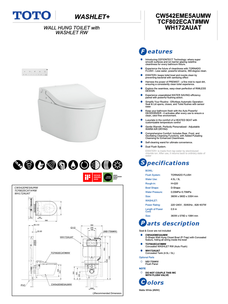 TOTO RW WALL HUNG TOILET WASHLET PACKAGE WITH AUTO LID AUTO FLUSH D SHAPE MATTE WHITE